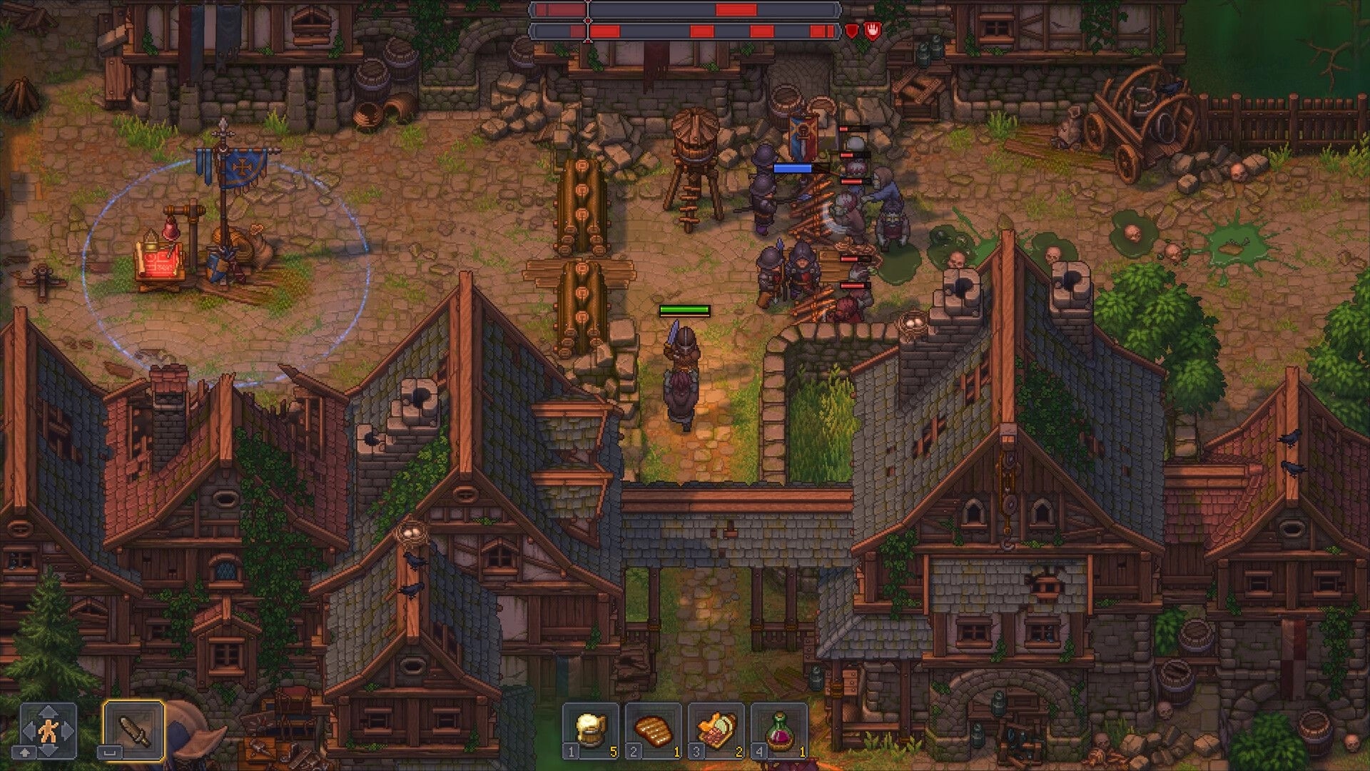 Graveyard Keeper 2: Guard squad fights raiders by barricades in a town courtyard with health UI bars.