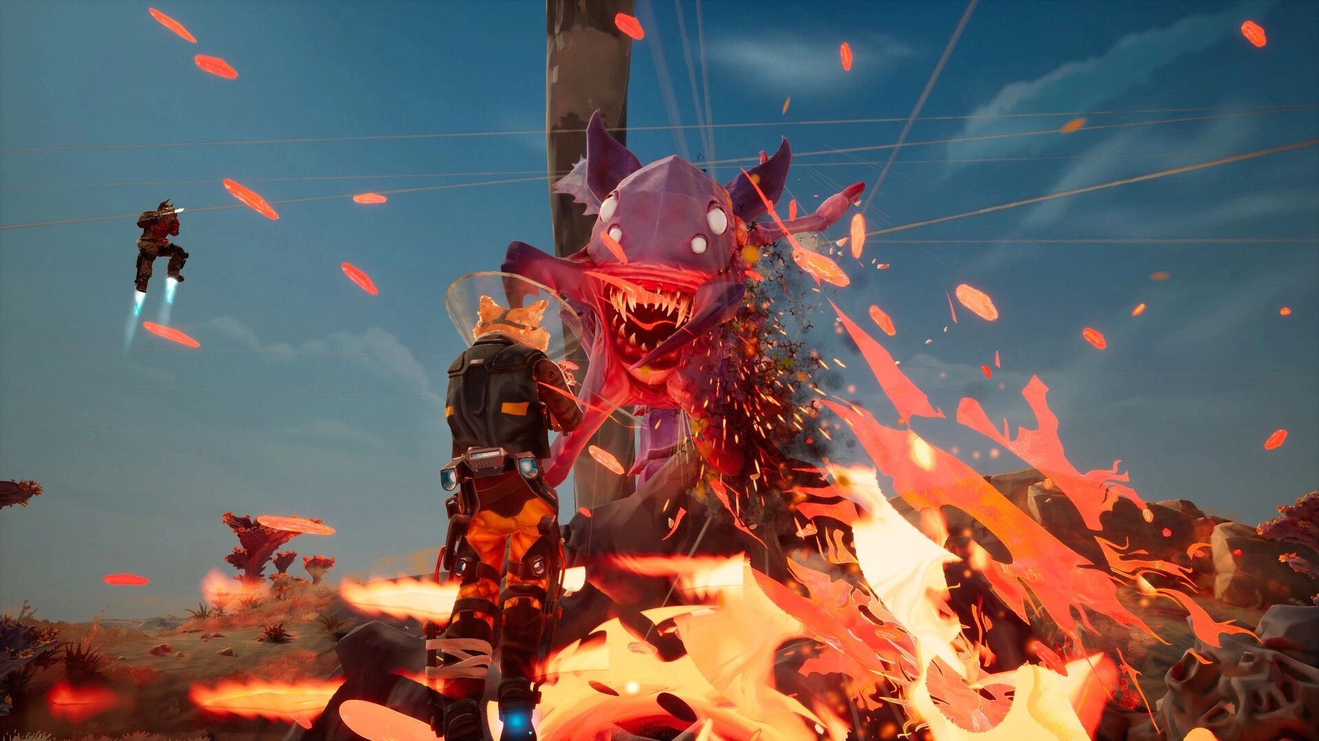 GRAVHOUNDS: Player fires at a huge purple alien maw as a co-op ally jetpacks above rocky plains.