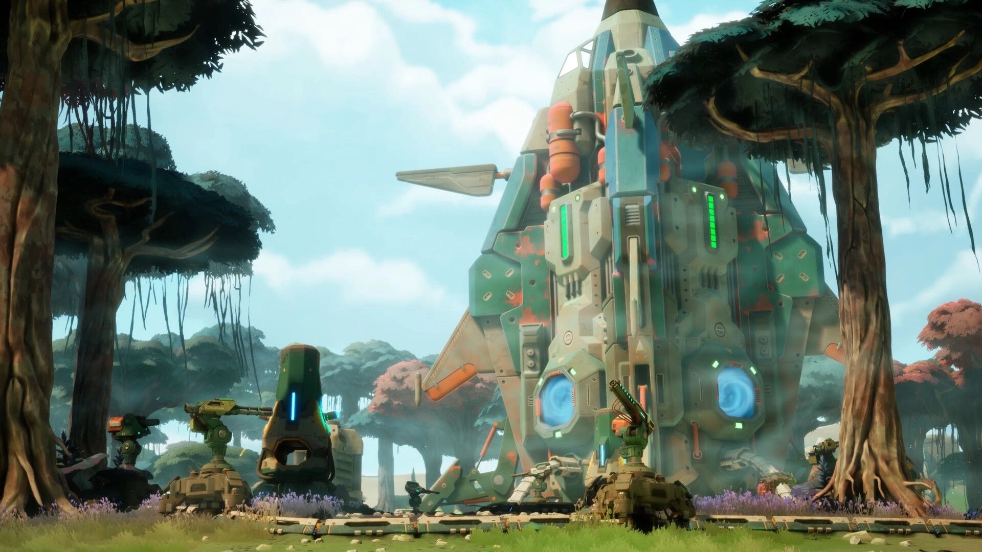 GRAVHOUNDS: Drop ship landed beside automated turrets and power unit in a lush alien forest base site.