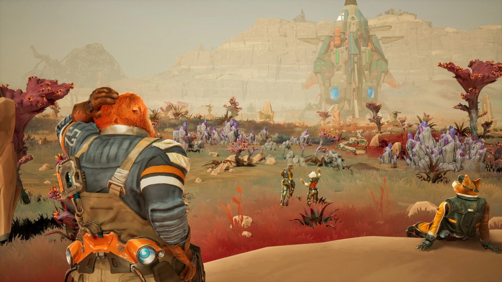 GRAVHOUNDS: Four co-op explorers watch a dropship land amid purple crystals on an alien plain.