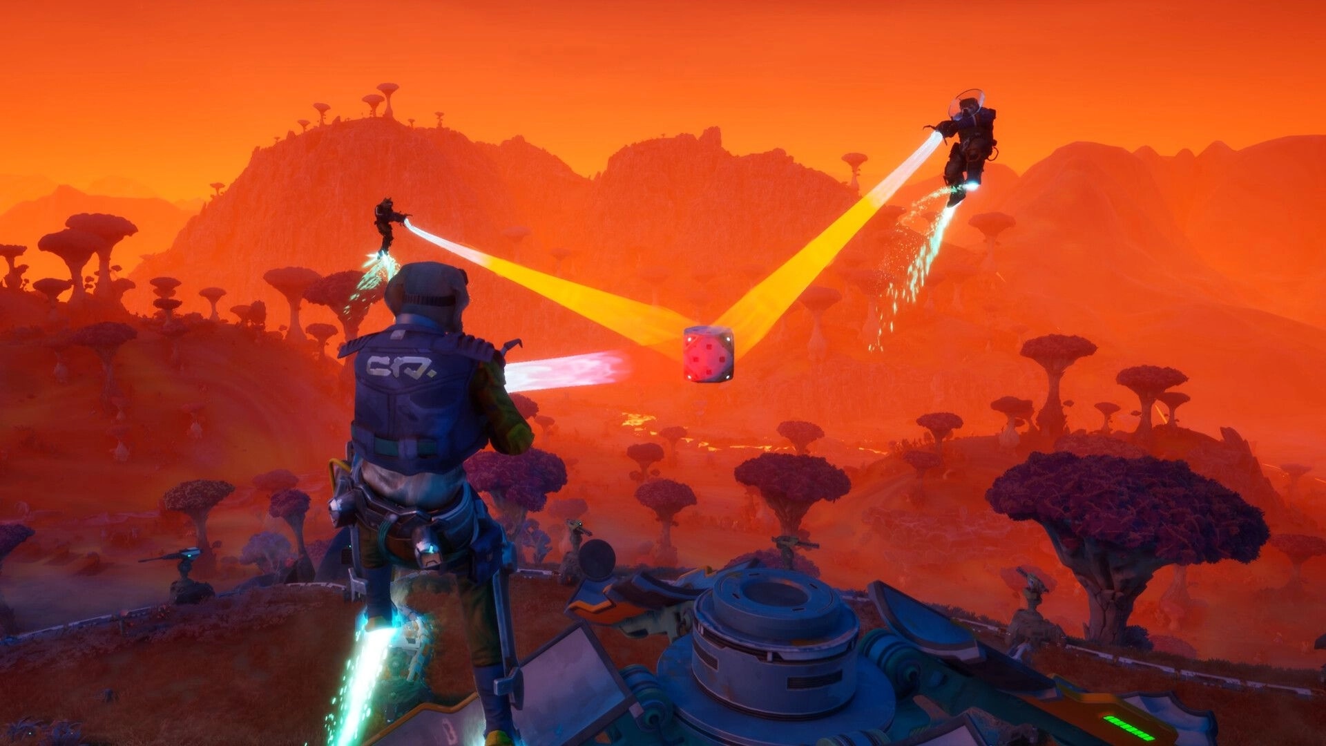 GRAVHOUNDS: Jetpacking squad aims laser beams at a floating cube above an orange alien valley at dusk.