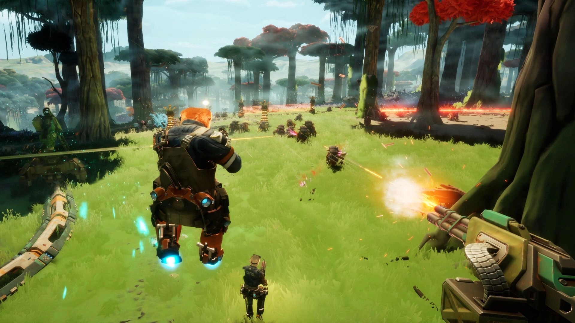GRAVHOUNDS: Co-op firefight with turrets firing at alien critters in a lush forest clearing base zone.