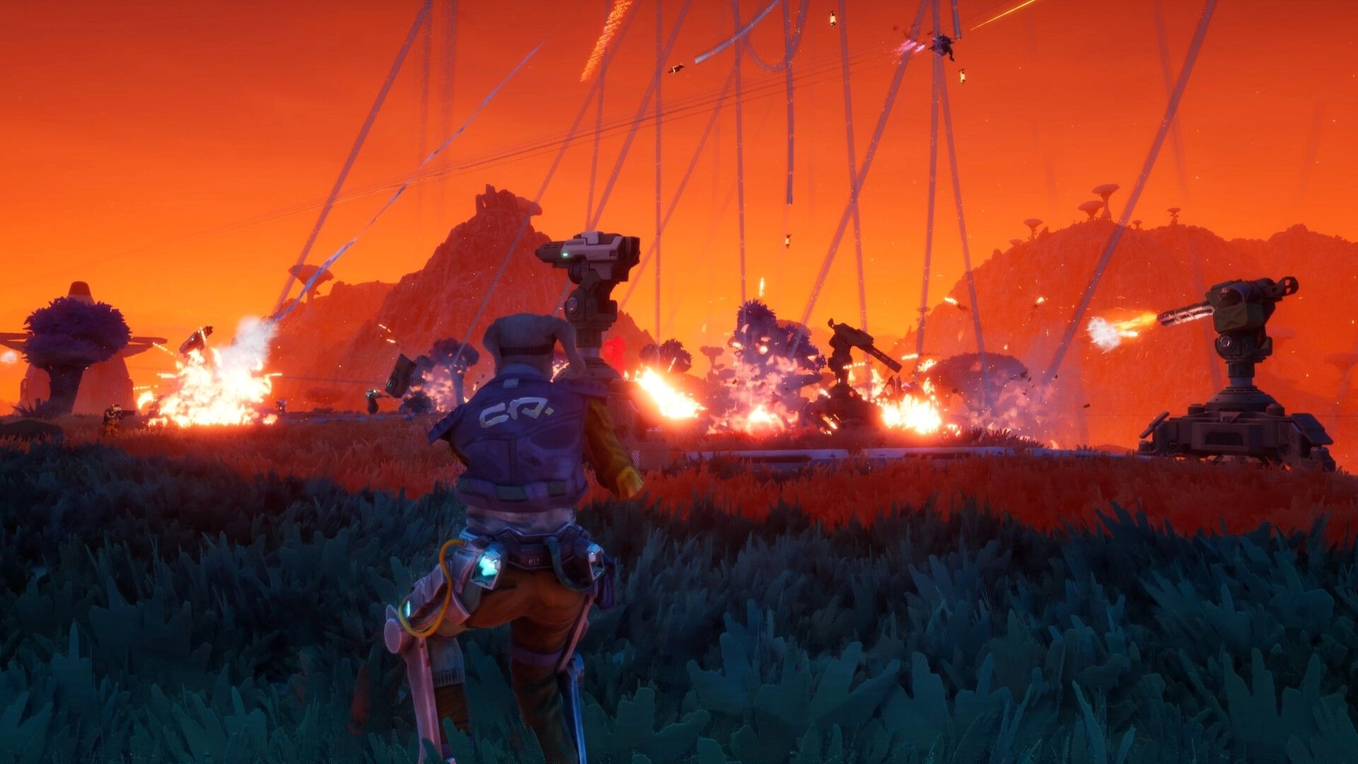 GRAVHOUNDS: Player watches base turrets firing amid explosions on an alien plain at dusk.