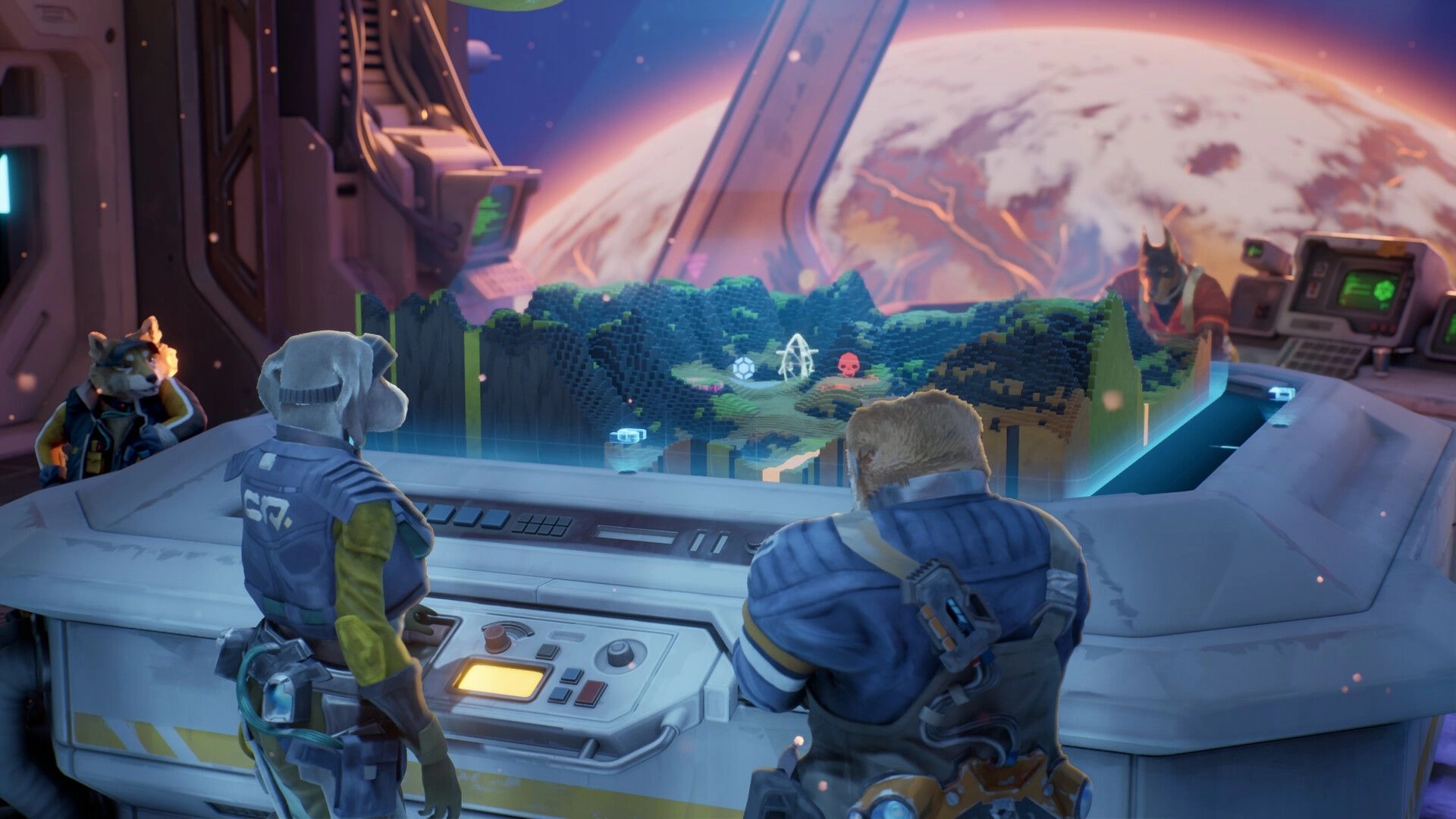 GRAVHOUNDS: Three crew view a holographic terrain map table inside a spaceship cockpit with planet outside.