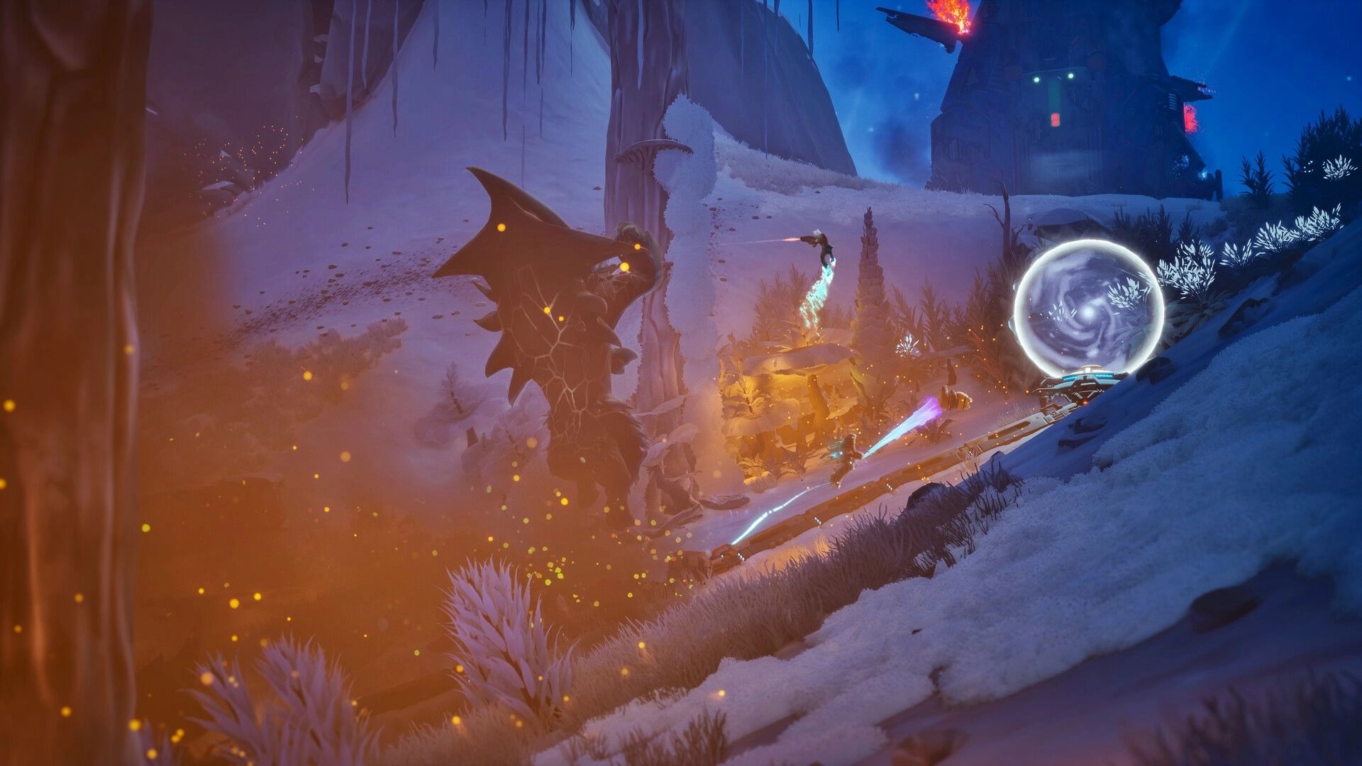 GRAVHOUNDS: Co-op fighters blast a huge alien beast near a snowy base with a glowing portal device.