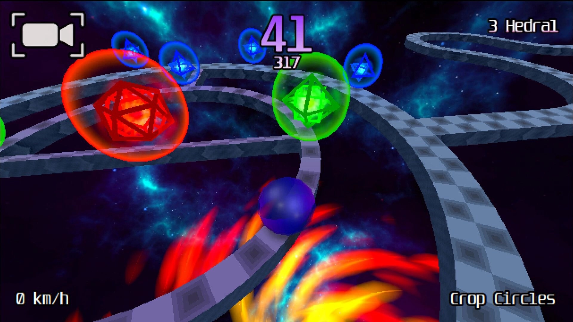 Gravosphere: Colorful orbs and geometric shapes navigate a twisting space track in a cosmic setting