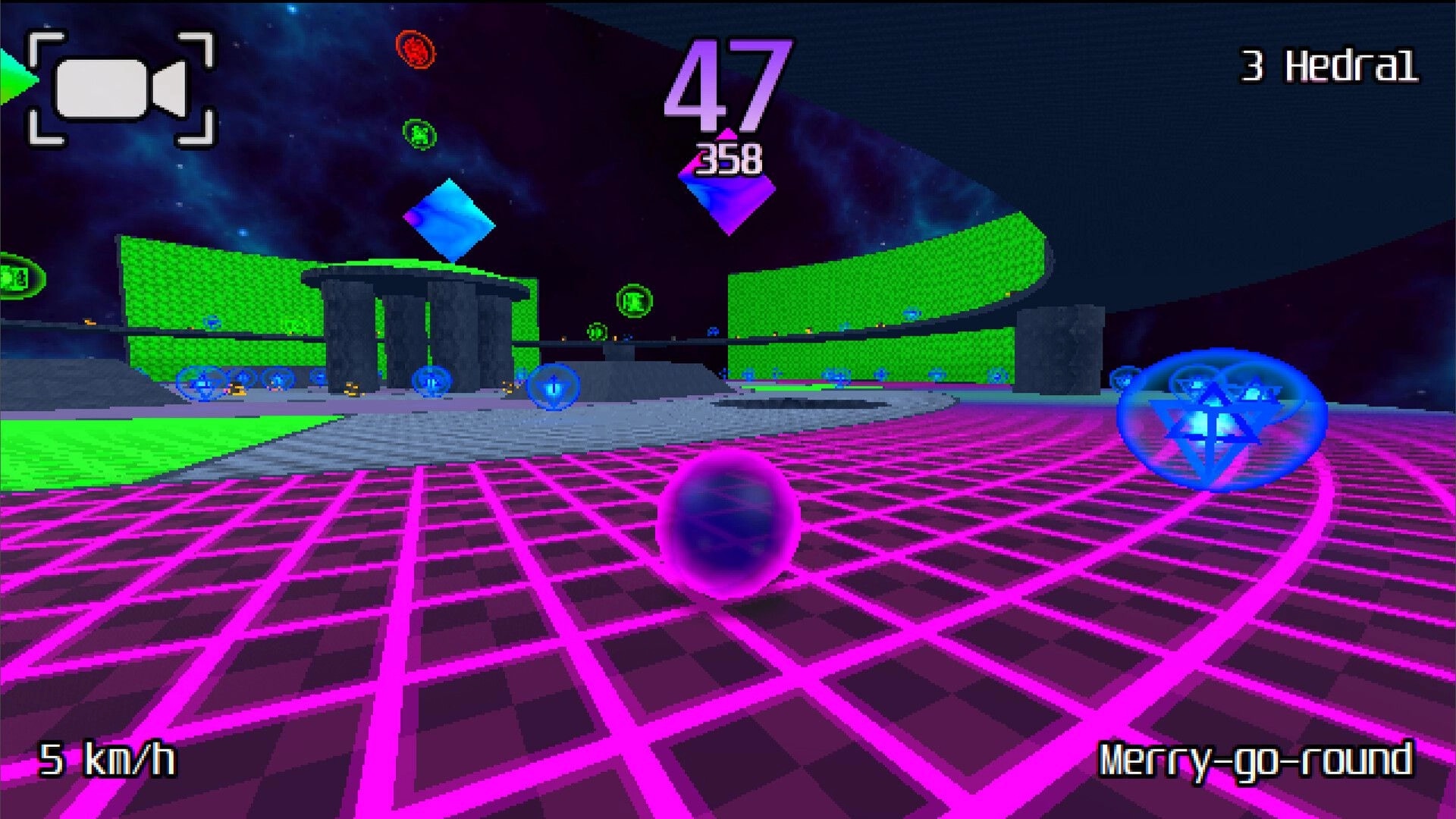 Gravosphere: Marble rolling on neon grid with geometric obstacles and speed indicator in sci-fi arena