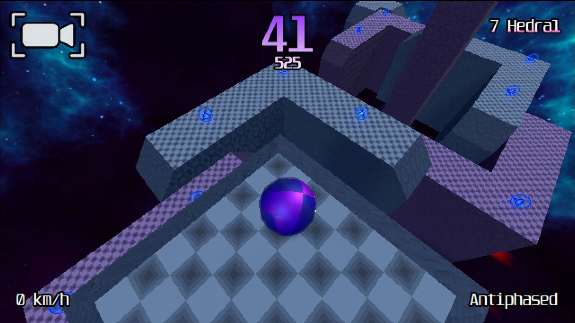Gravosphere: Purple marble on checkered platform with score and speed indicators in cosmic environment