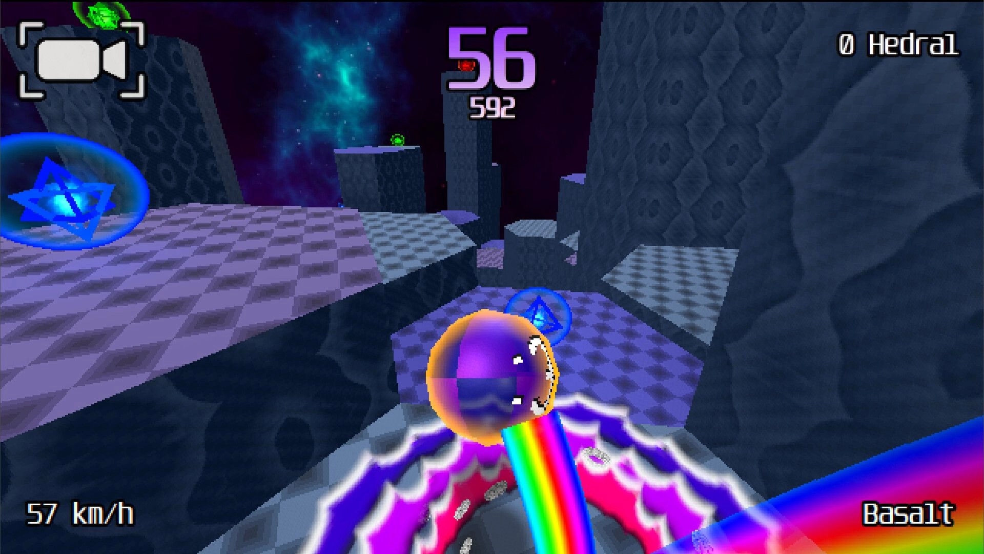 Gravosphere: Colorful marble rolling on checkered platforms in a cosmic space environment with UI overlays