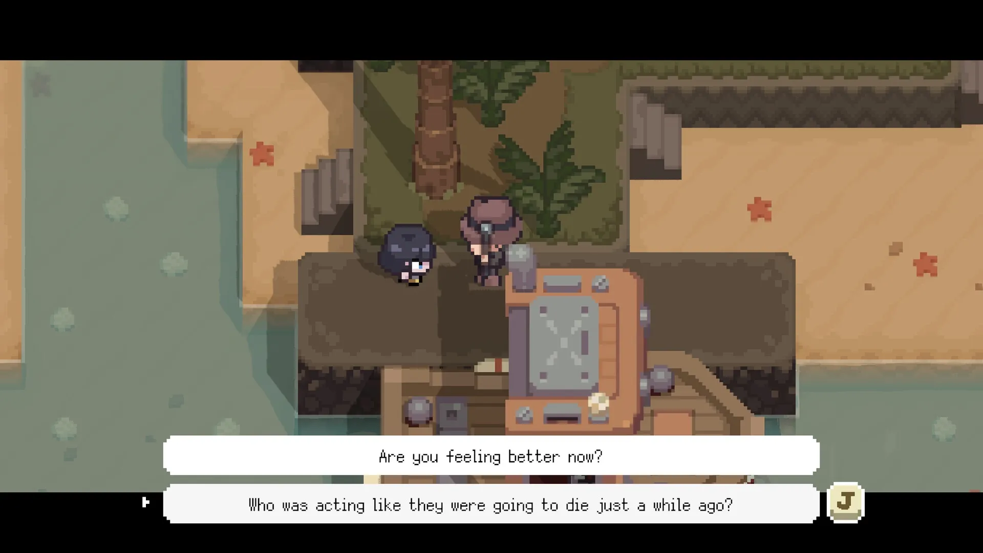 Graytail: Two characters by a dock discussing recovery, with dialogue boxes and sandy shore visible.