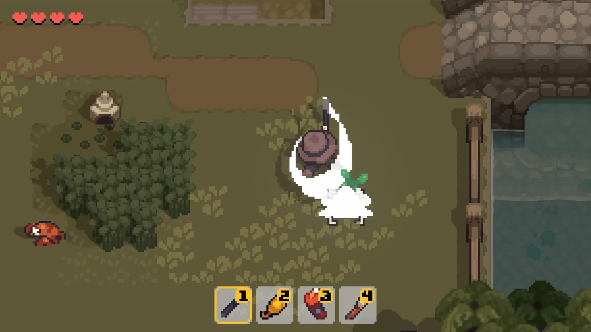 Graytail: Player character attacking enemy near bushes with inventory icons visible at bottom of screen