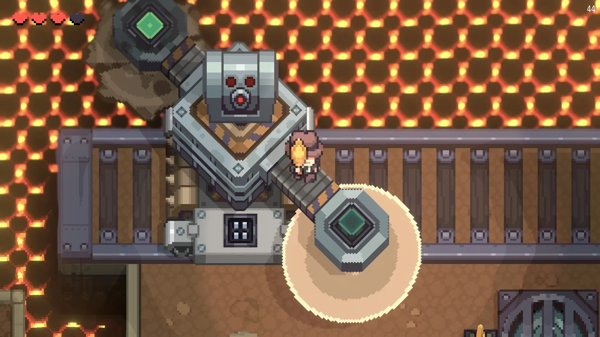 Graytail: Character on a bridge over lava with control panel, heart-shaped UI health bar top left