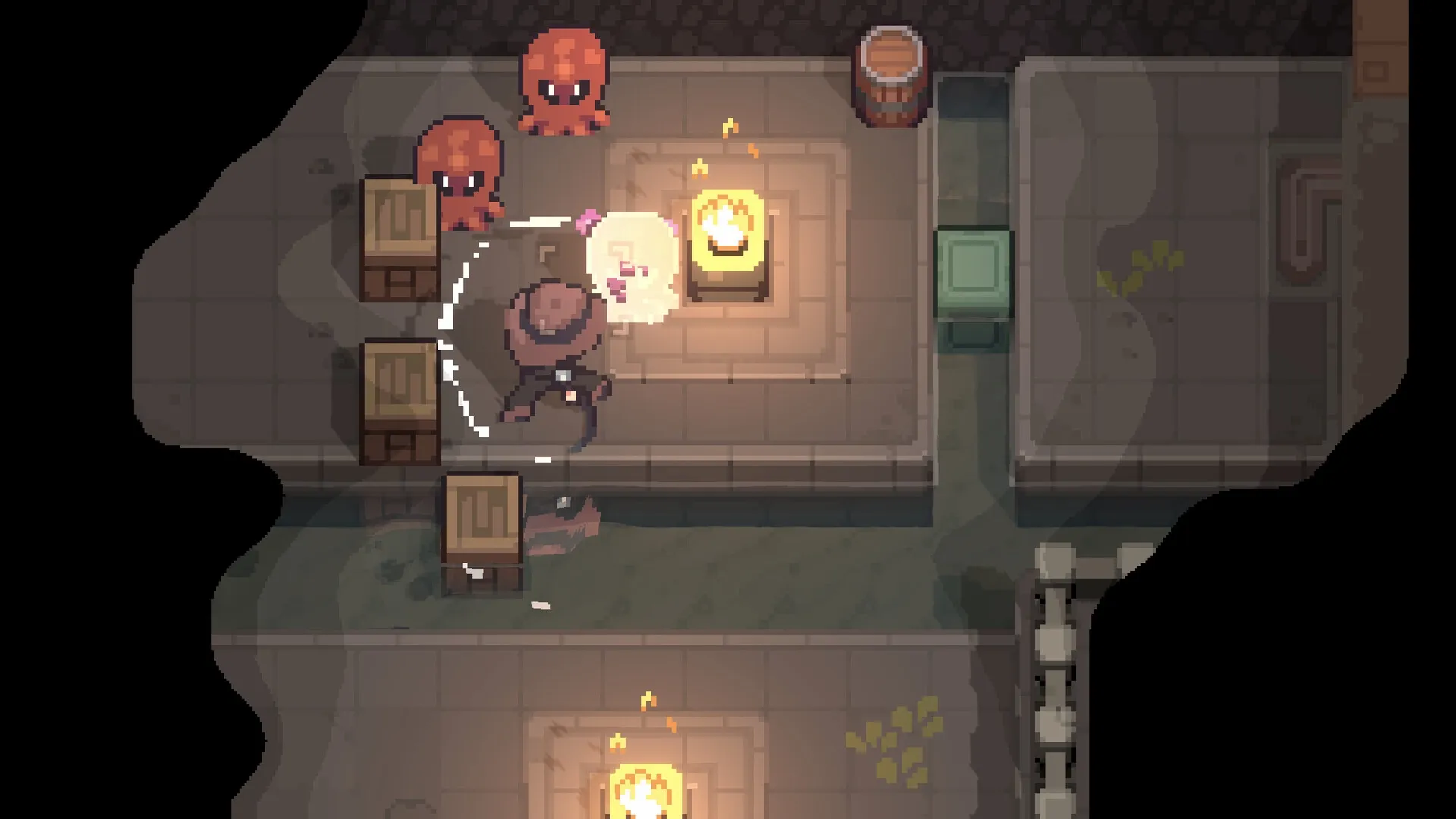 Graytail: Player character battling red octopus enemies in a dimly lit dungeon with crates and torches.
