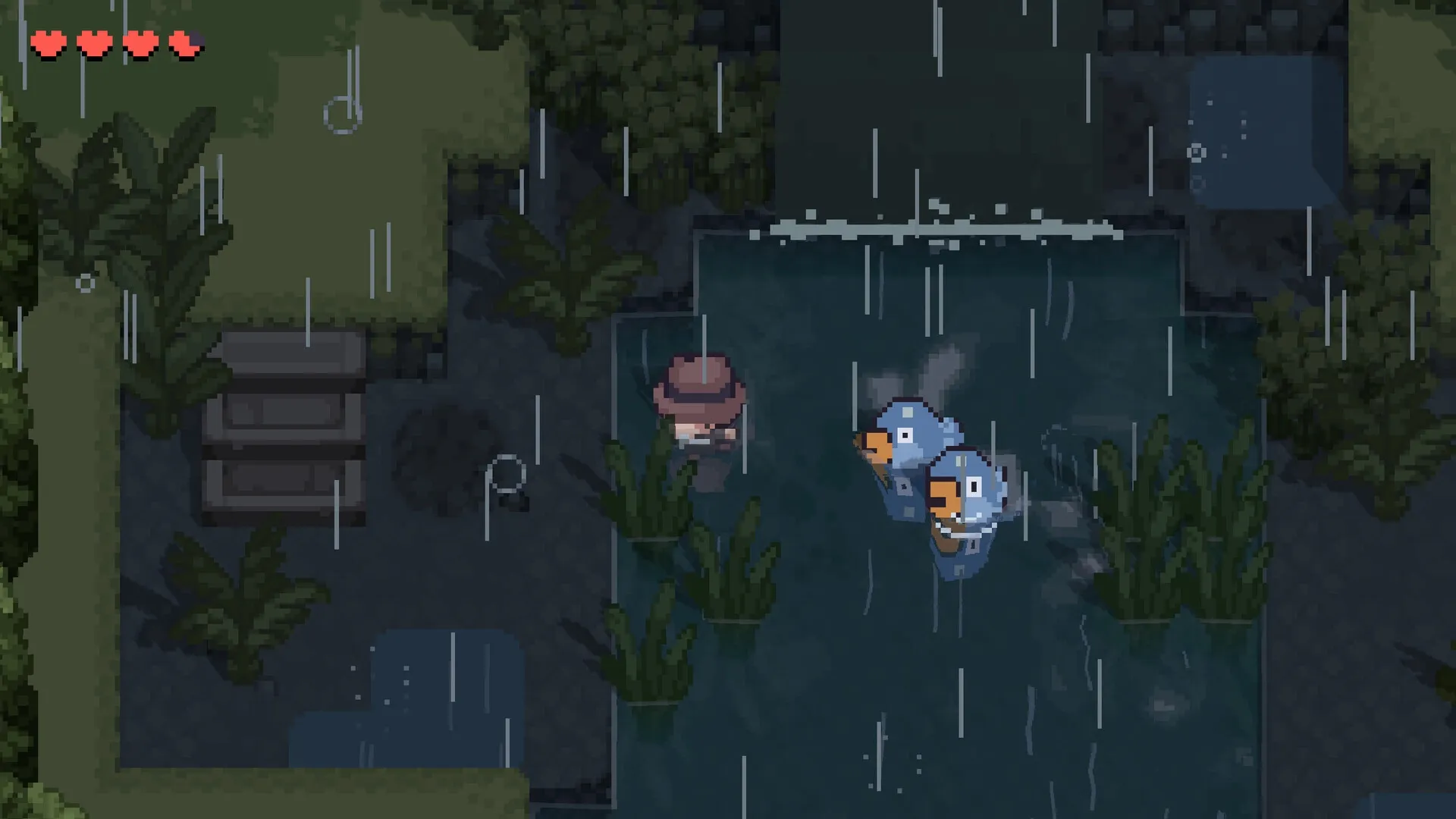 Graytail: Player character wades through rainy pond, encounters two blue fish in dense jungle setting