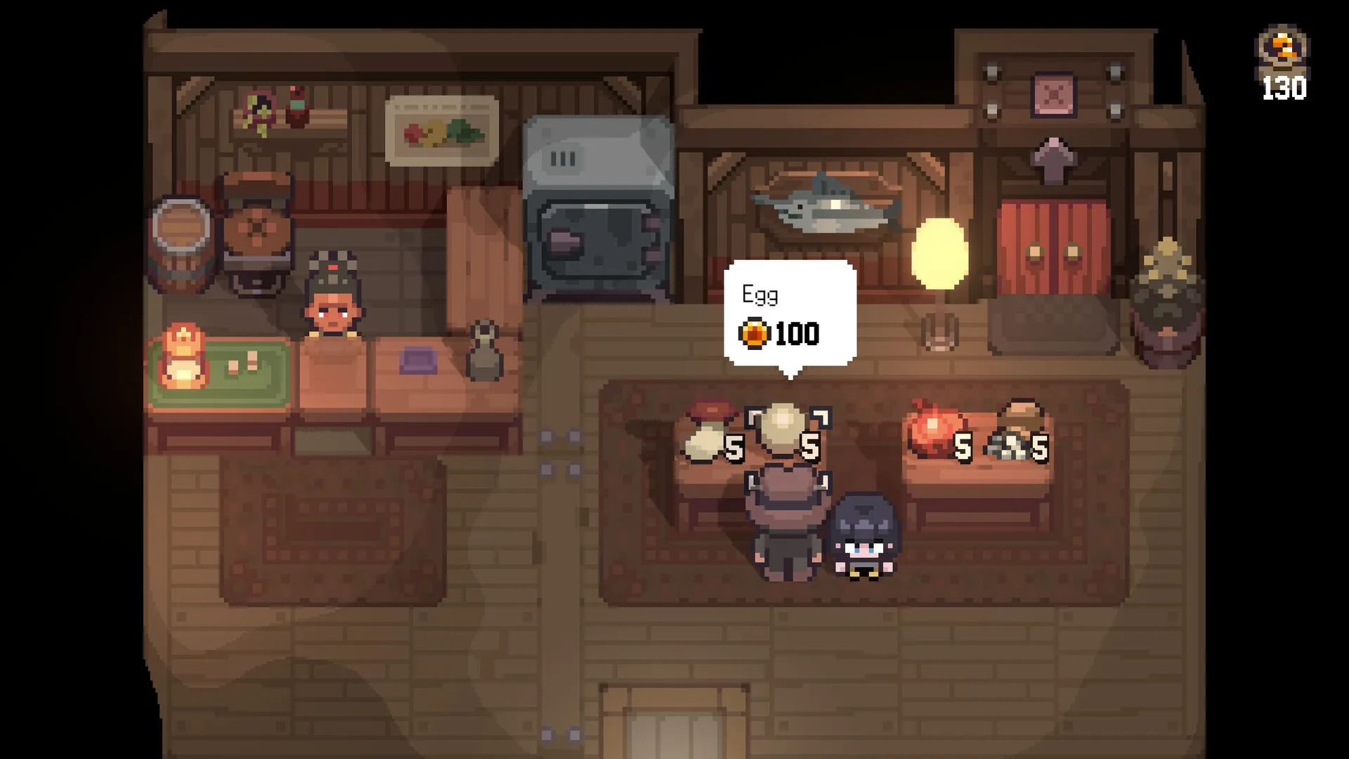 Graytail: Player in shop menu buying an egg for 100 coins inside a cozy wooden cabin with warm lighting.