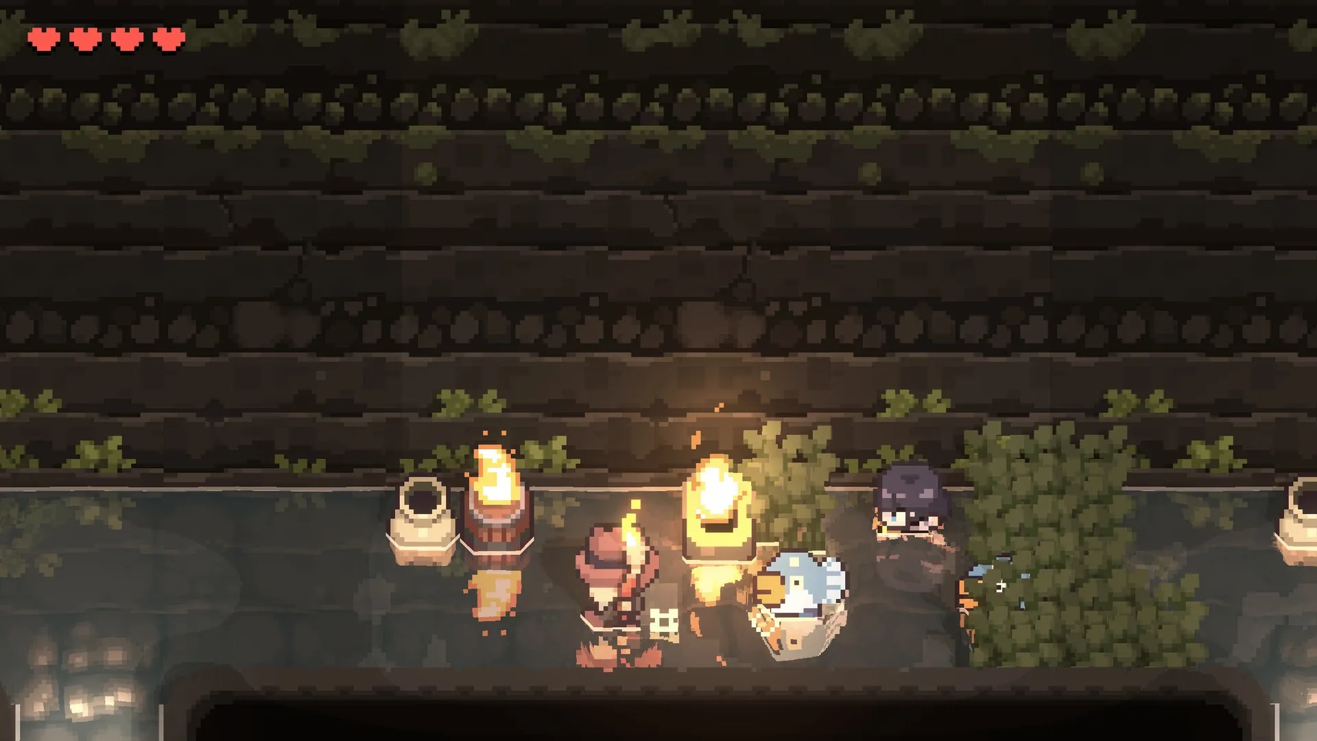 Graytail: Character exploring a dimly lit cave with torches and pots, accompanied by a blue bird companion.