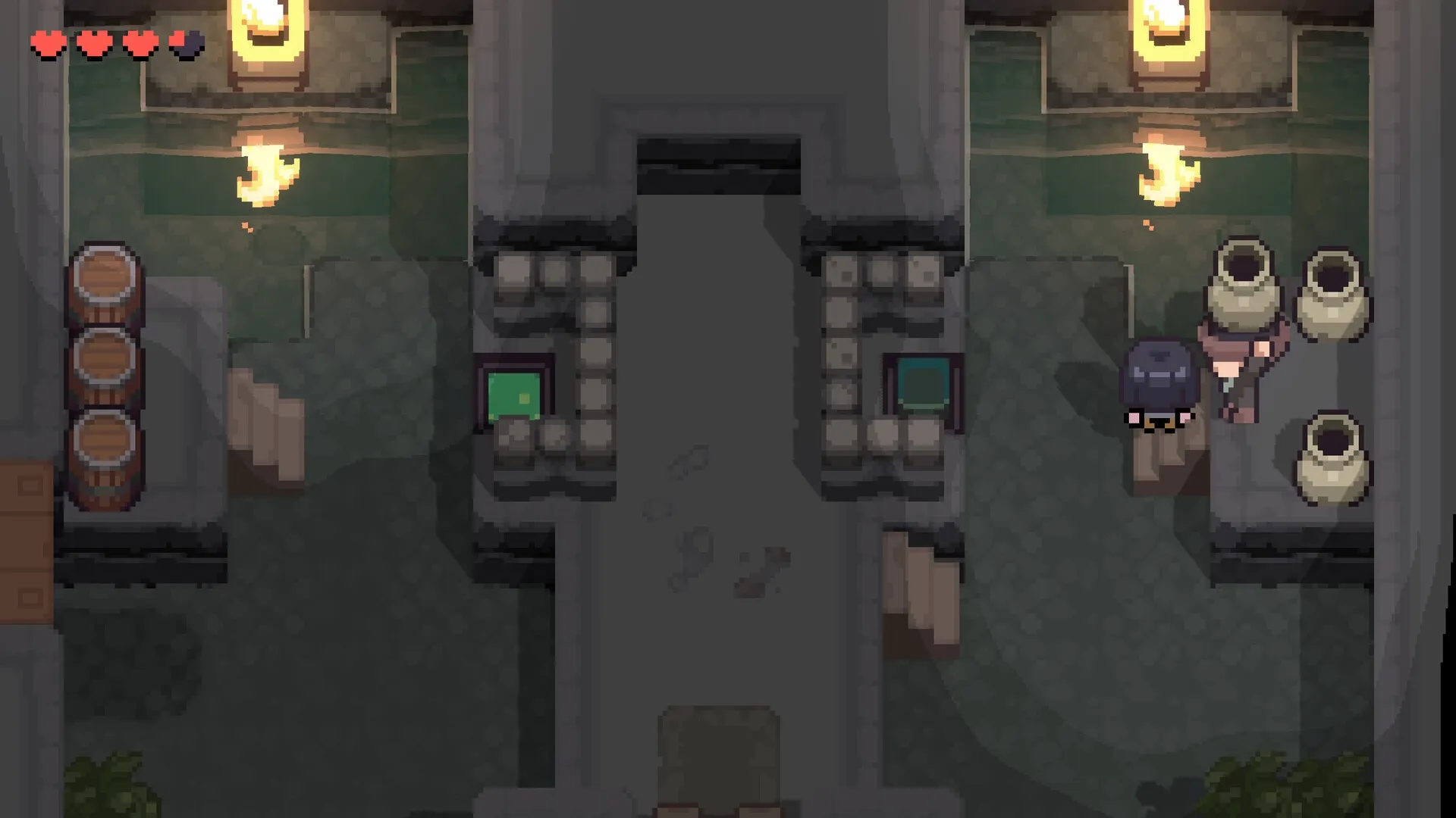Graytail: Character explores dim stone corridor with torches, barrels, and pots in a dungeon setting.