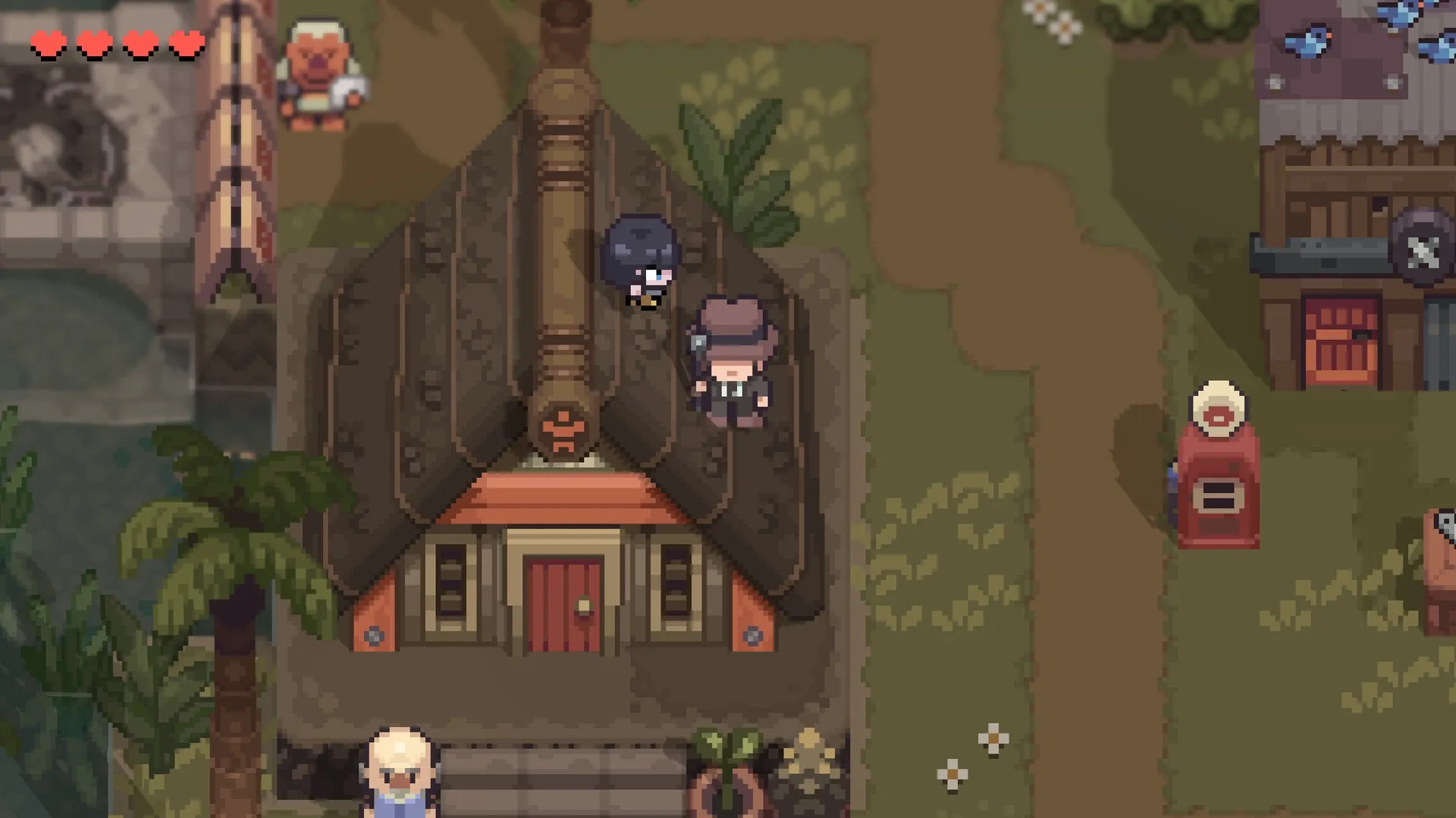 Graytail: Two characters on a thatched roof in a village with a visible heart-based health bar