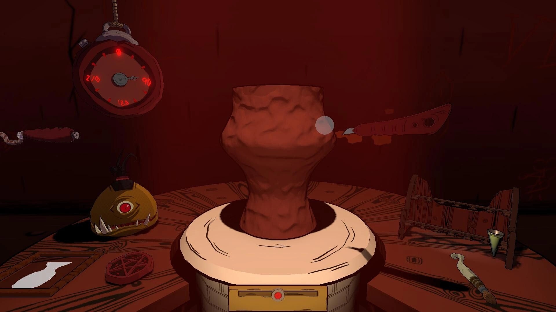 Greda Inferno: Shaping a clay vase on a pottery wheel with tools and a gauge in a red workshop.