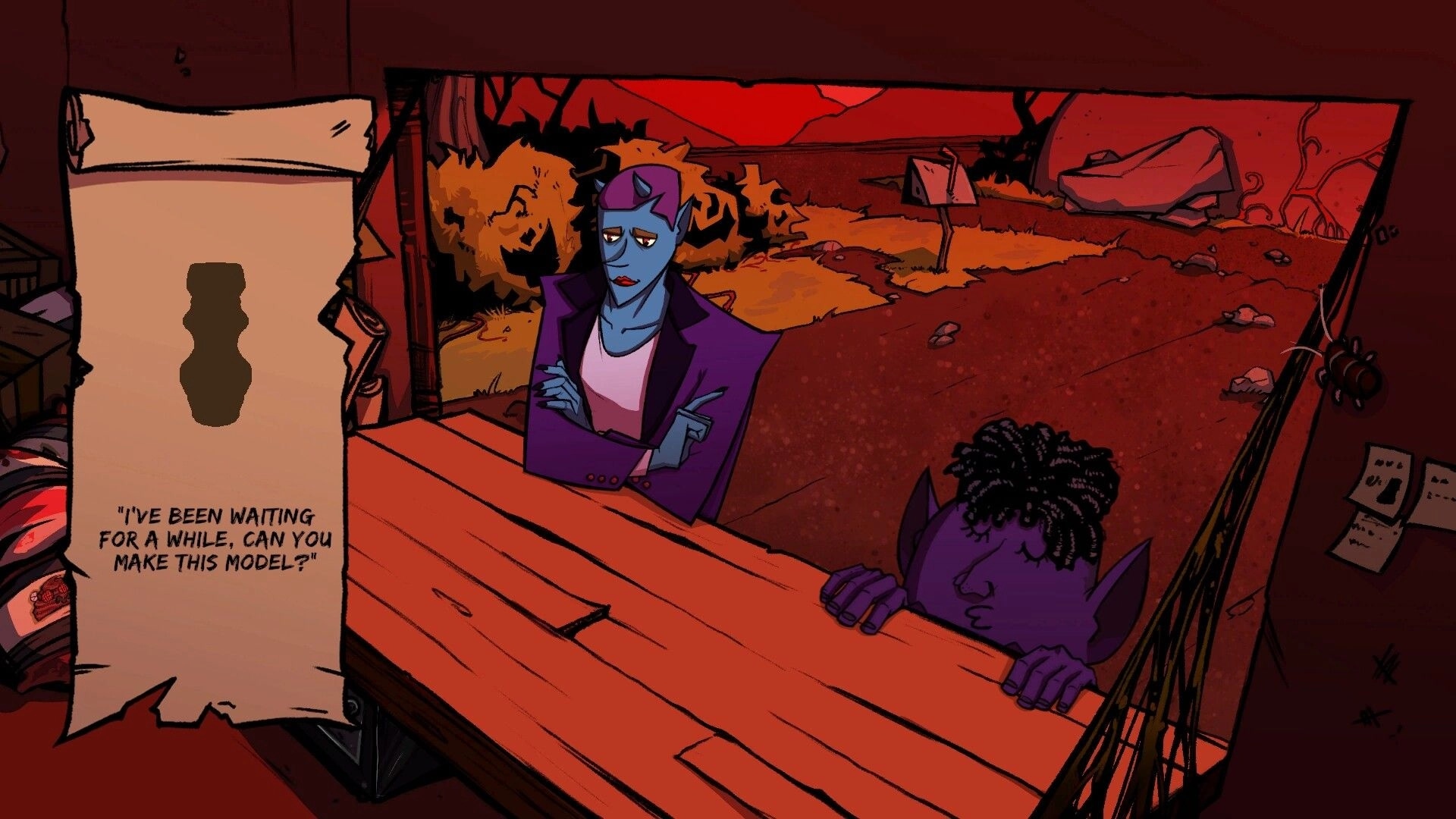 Greda Inferno: Demon customer dialogue asking for a model at a wooden stall in a red hellscape outdoors.