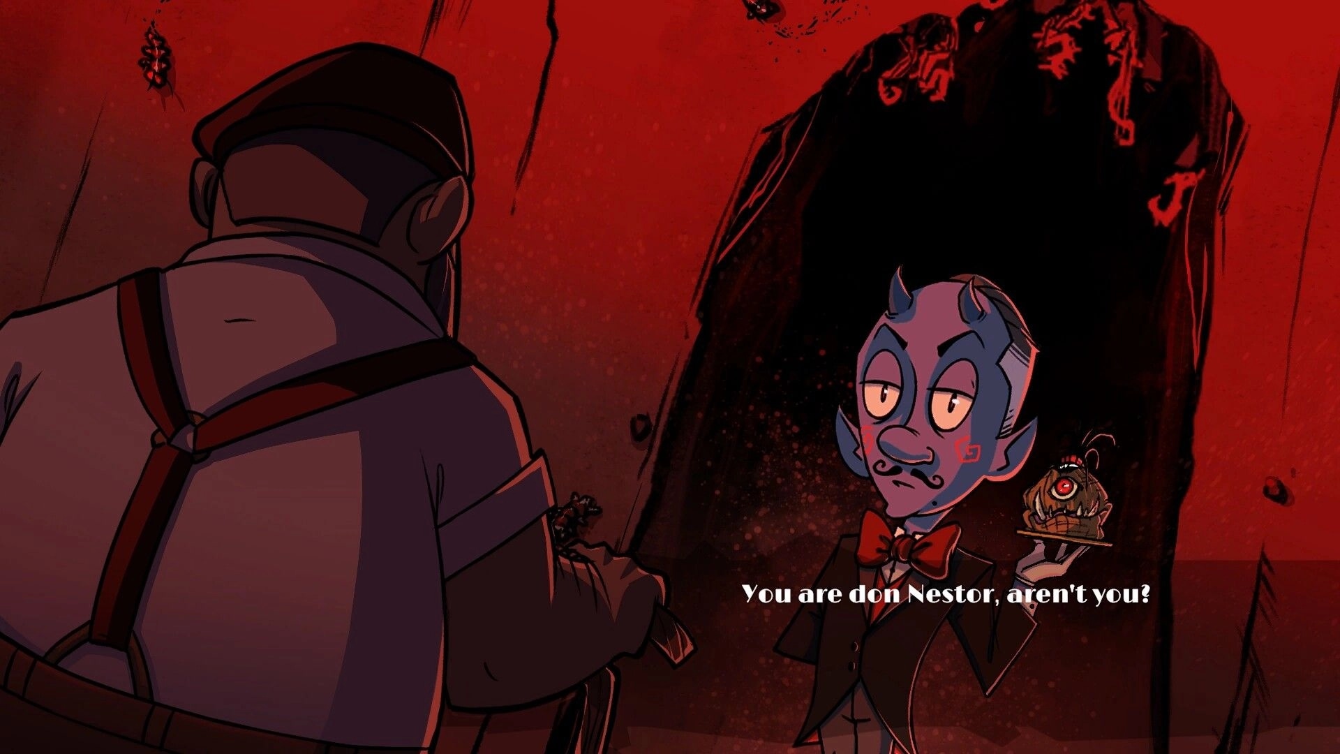 Greda Inferno: Dialogue scene with a horned demon in suit addressing a cloaked figure in red cavern.