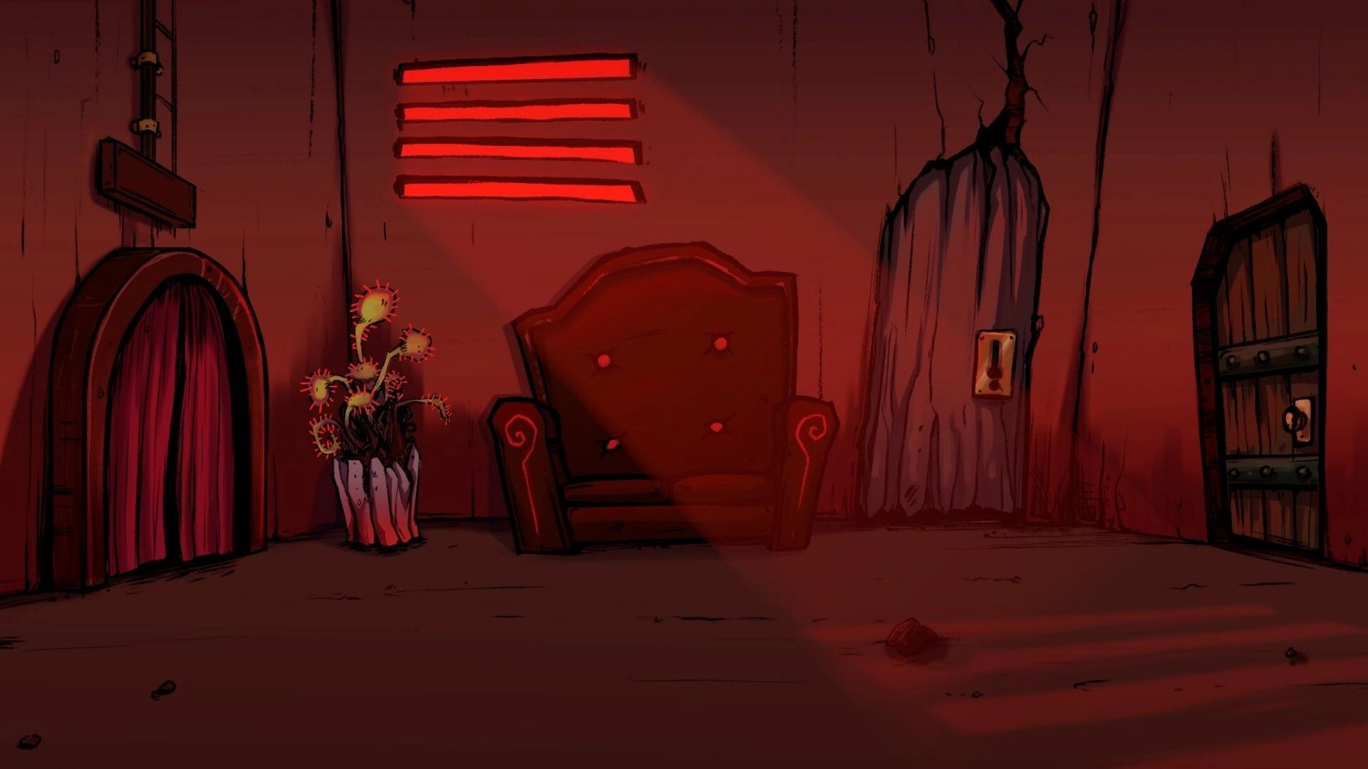 Greda Inferno: Empty lounge with armchair, potted plant, and doors in a dim red-lit room.