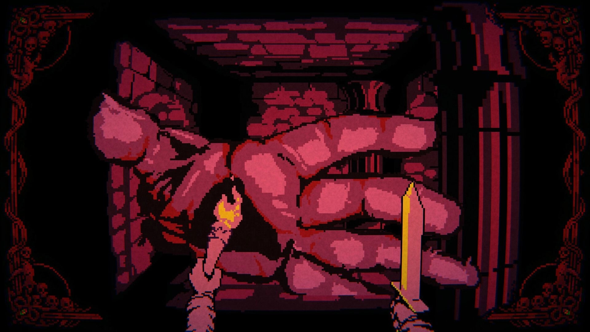 Greed & Darkness: Player with torch and sword confronts giant hand in dimly lit dungeon corridor.
