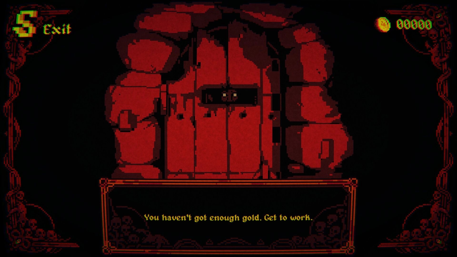 Greed & Darkness: Locked stone door with gold counter and exit option in dimly lit dungeon hallway