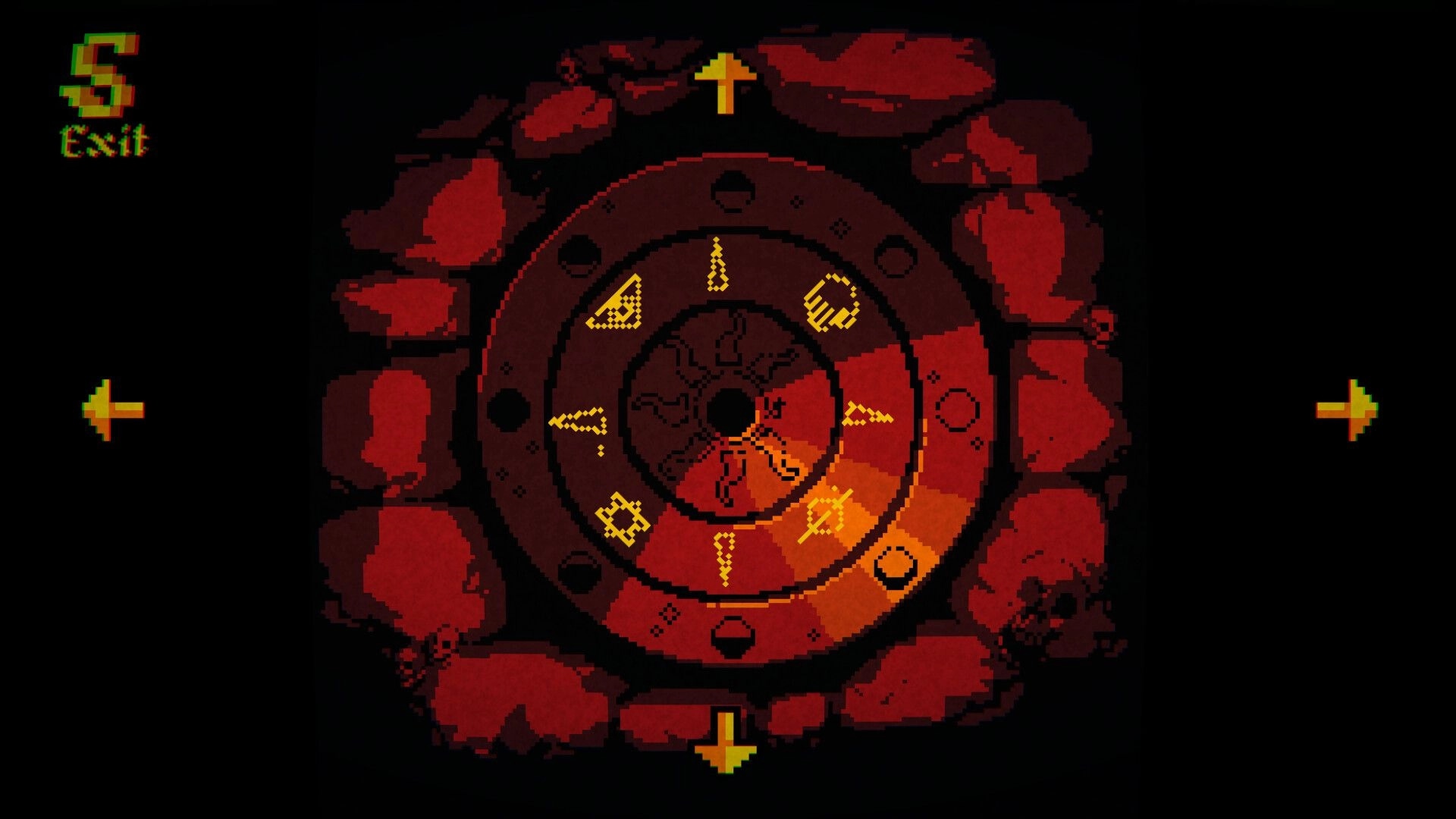 Greed & Darkness: Puzzle interface with rotating symbols on a stone background in dimly lit chamber