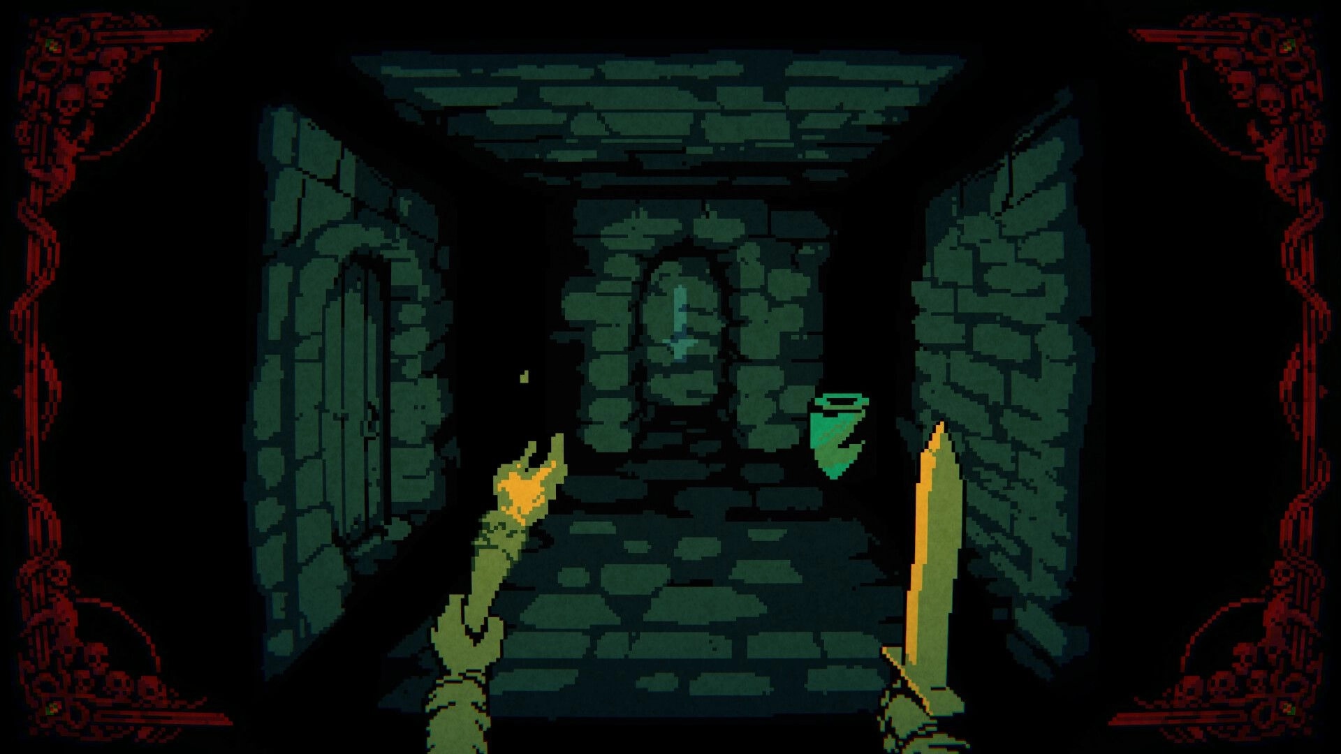 Greed & Darkness: Exploring dark stone corridor with torch and dagger, eerie red skulls on screen edges