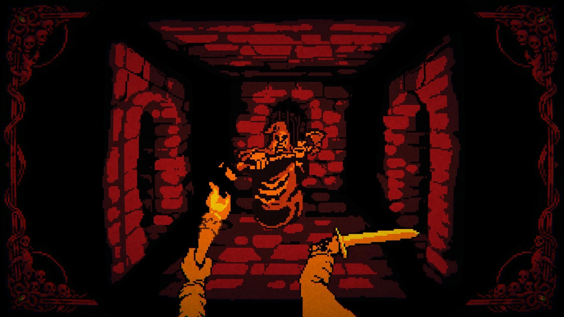 Greed & Darkness: Player holding torch and dagger in dark dungeon corridor facing a mysterious figure