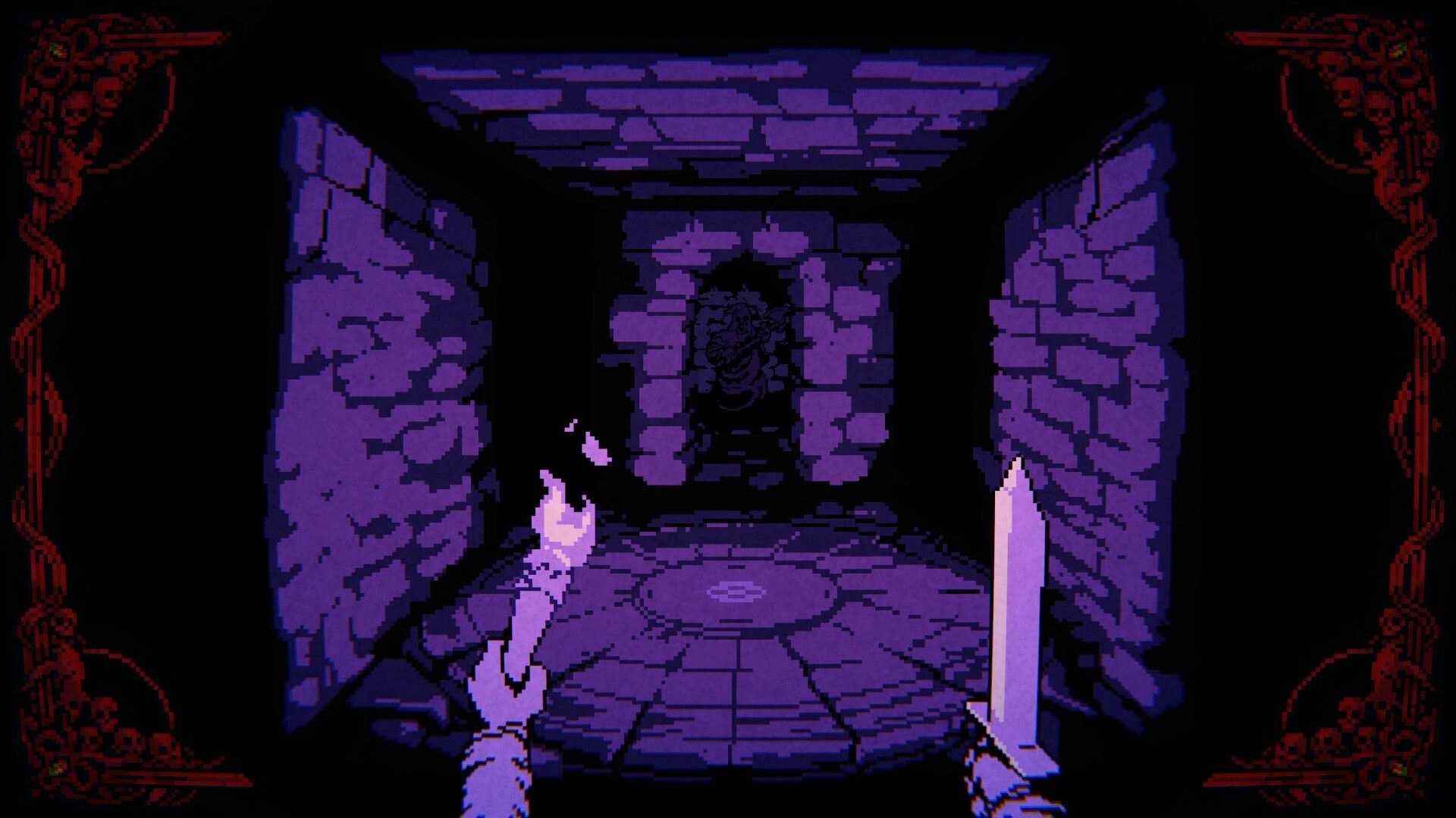 Greed & Darkness: Exploring dark stone corridor with torch and sword in hand, eerie mask on wall
