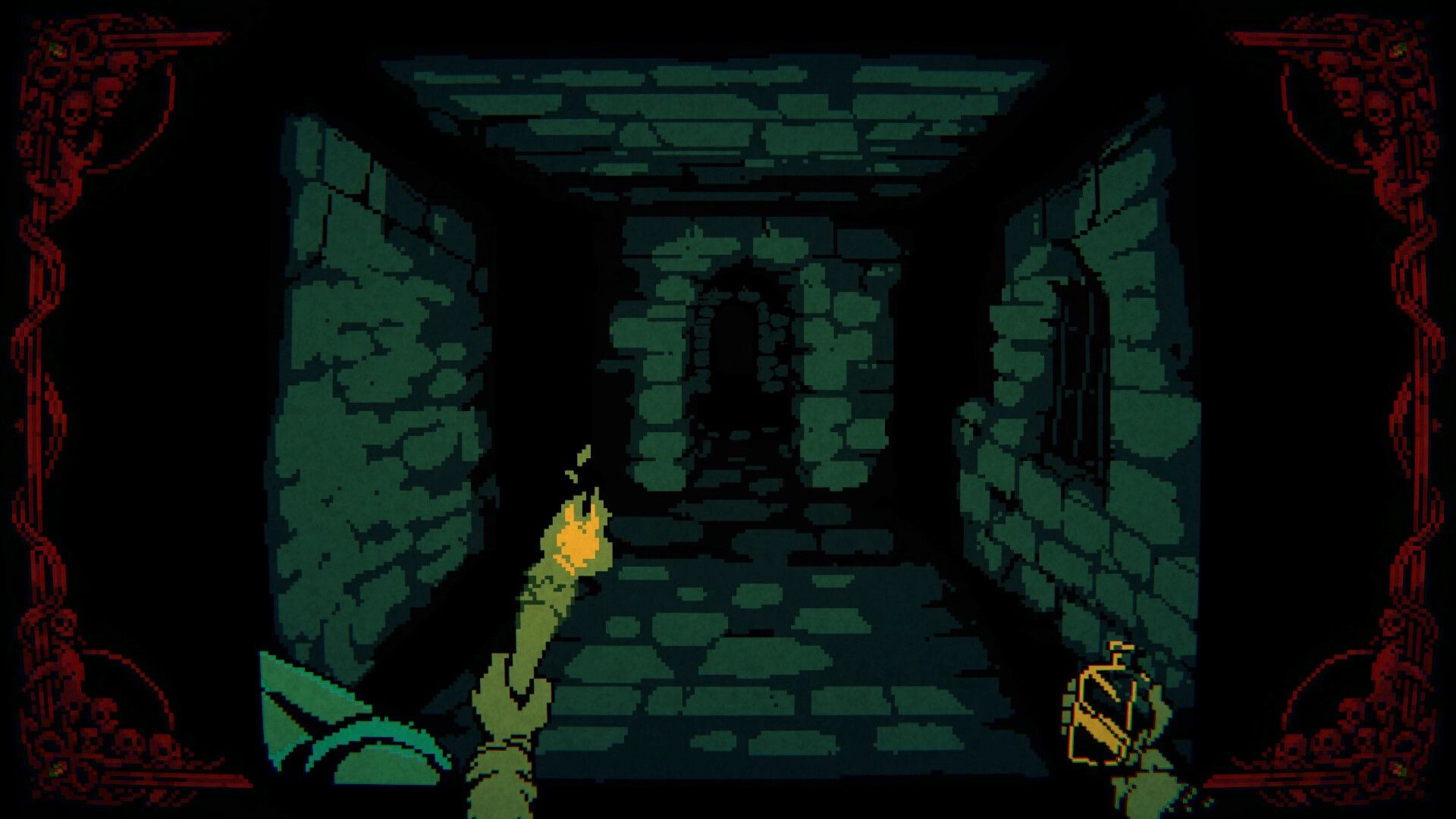 Greed & Darkness: Exploring a dim stone corridor with torch in hand and visible ornate red UI elements.