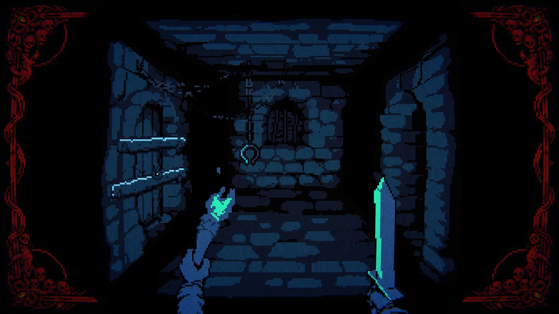 Greed & Darkness: Exploring dark dungeon corridor with torch and sword, locked door ahead