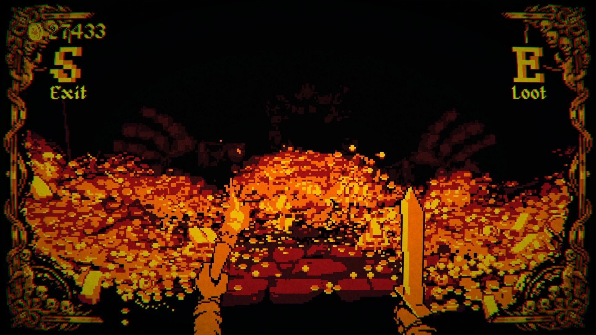 Greed & Darkness: Player holds torch and sword over massive treasure pile in dark dungeon chamber.