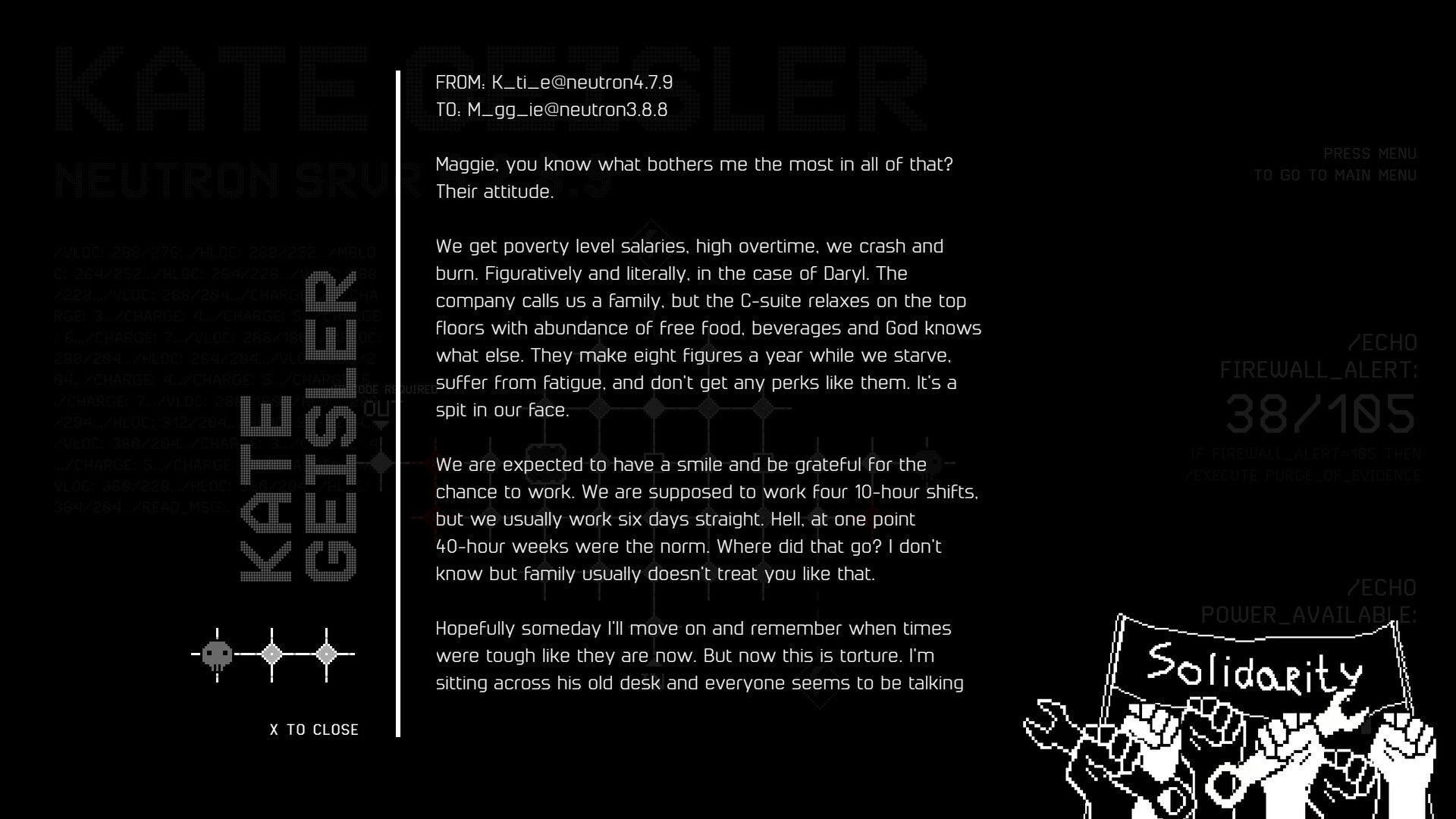 Greed Grid: Email from K. Geisler displayed on hacking interface with "Solidarity" illustration.