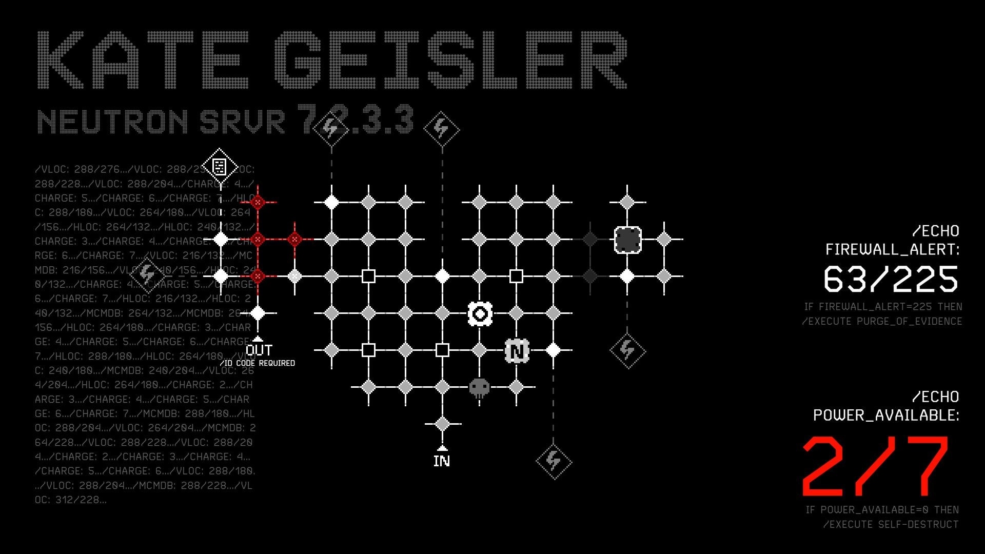 Greed Grid: Navigating complex server nodes with firewall alerts and power levels displayed