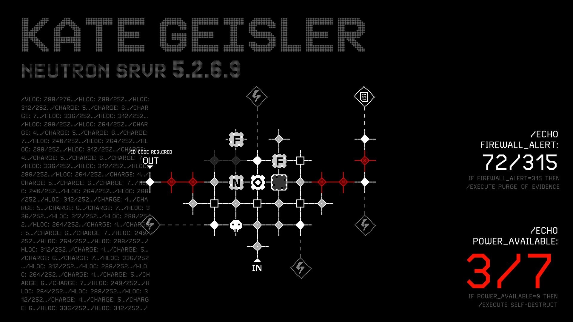Greed Grid: Hacking interface with nodes and firewall alerts on Kate Geisler's server, Neutron SRVR 5.2.6.9