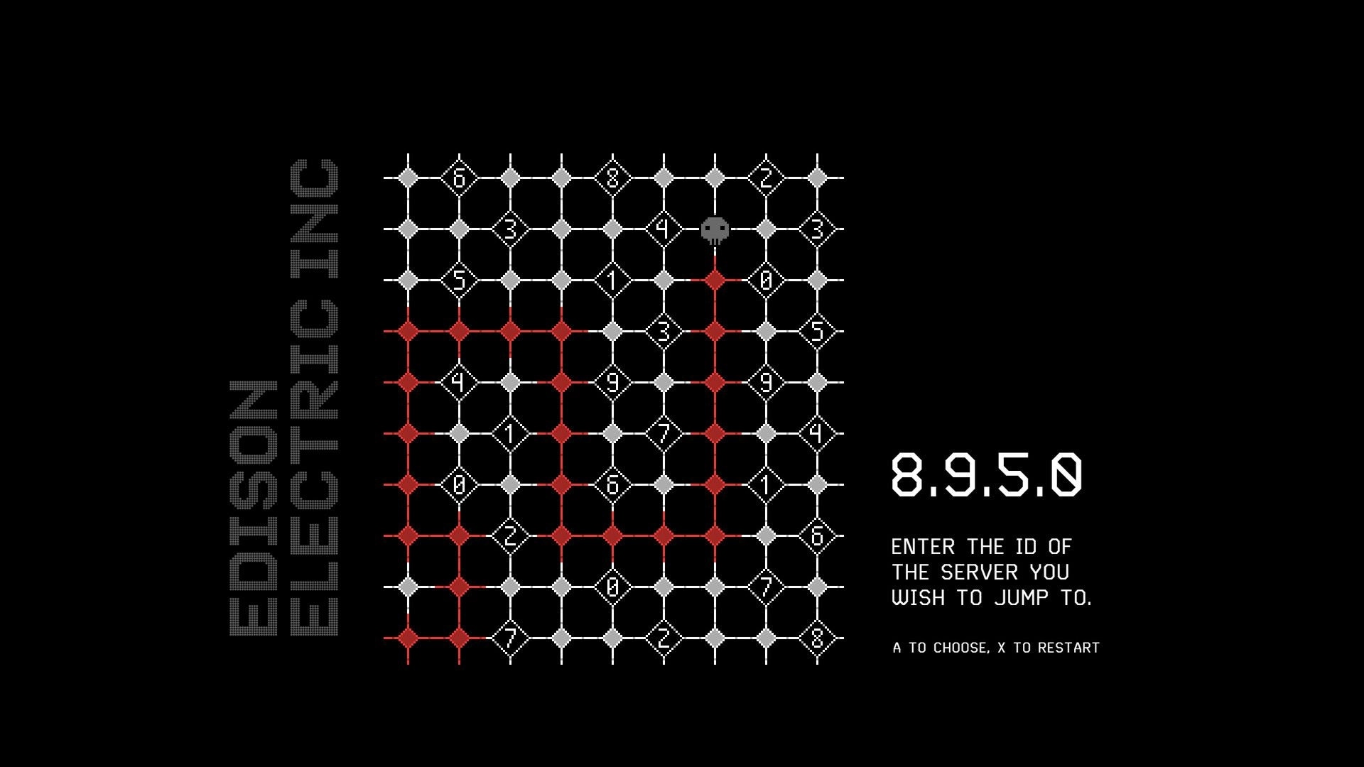 Greed Grid: Hacking interface with grid of nodes and numbers against Edison Electric Inc backdrop