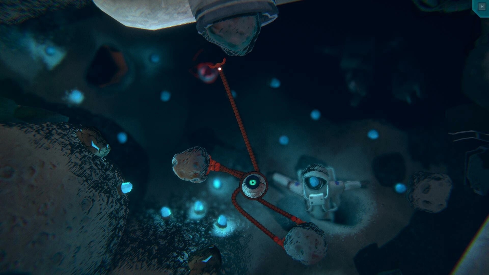 Greeded: Long-armed robot grips three asteroids near an astronaut amid glowing blue crystals in space cave.