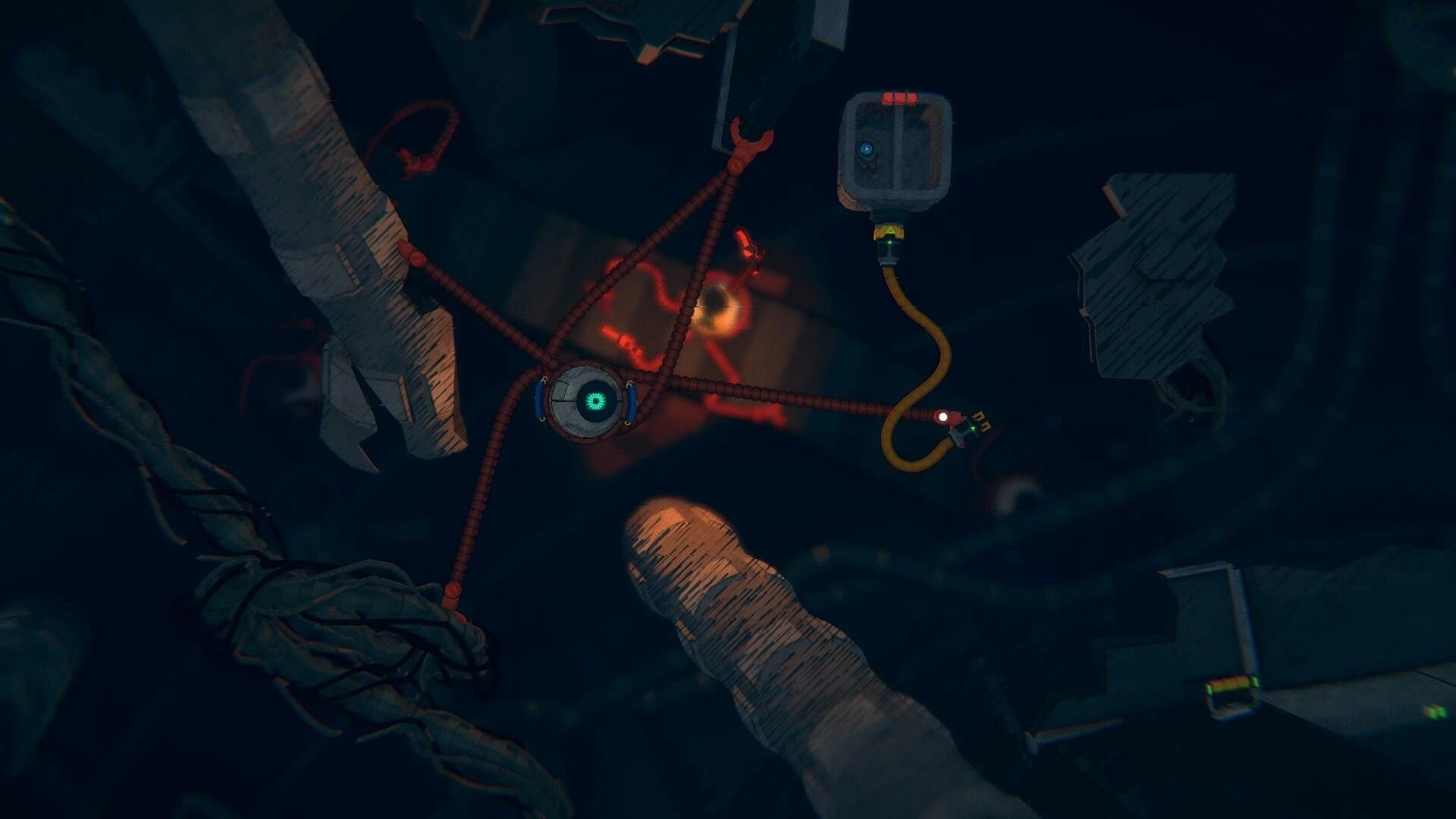 Greeded: Long-armed robot grips debris and a console in dark space station with red hazard glow.