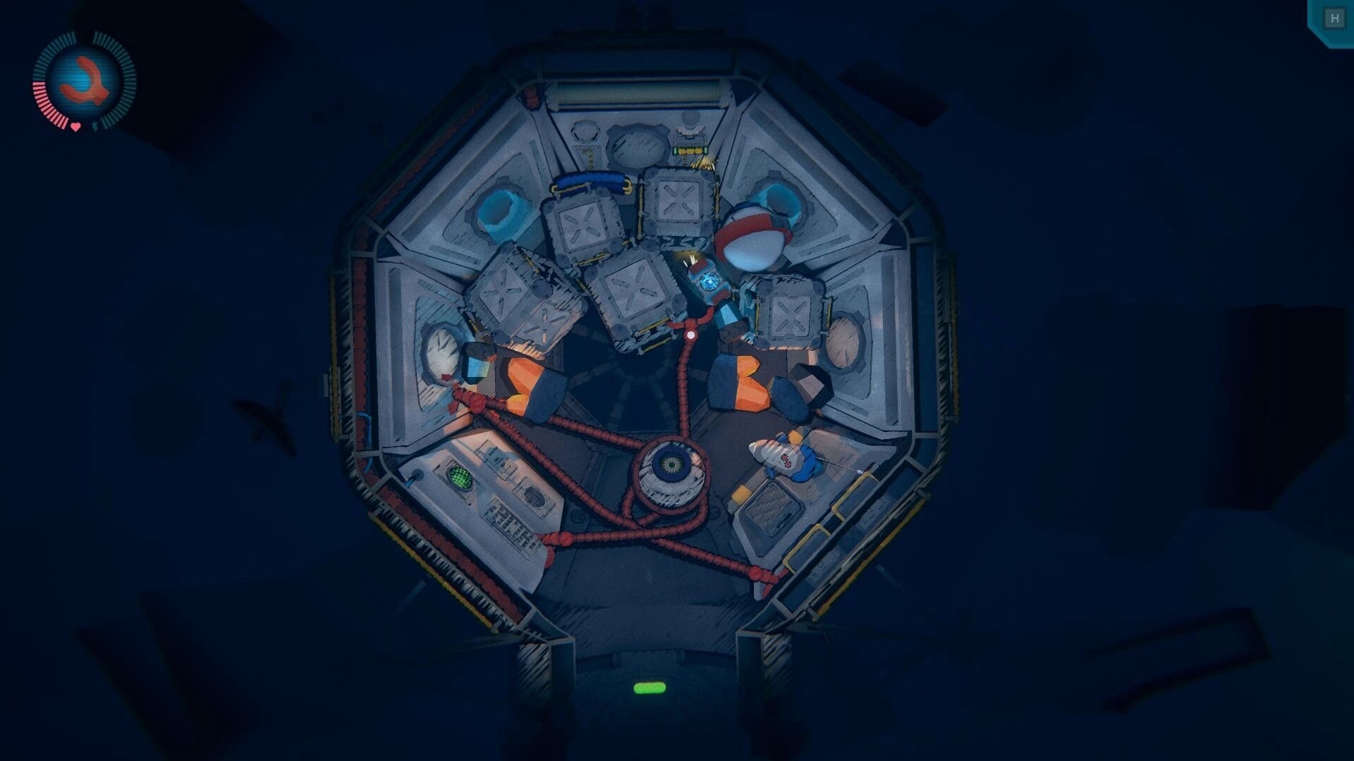 Greeded: Long-armed robot pushes metal crates in a cramped octagonal space station room with HUD.