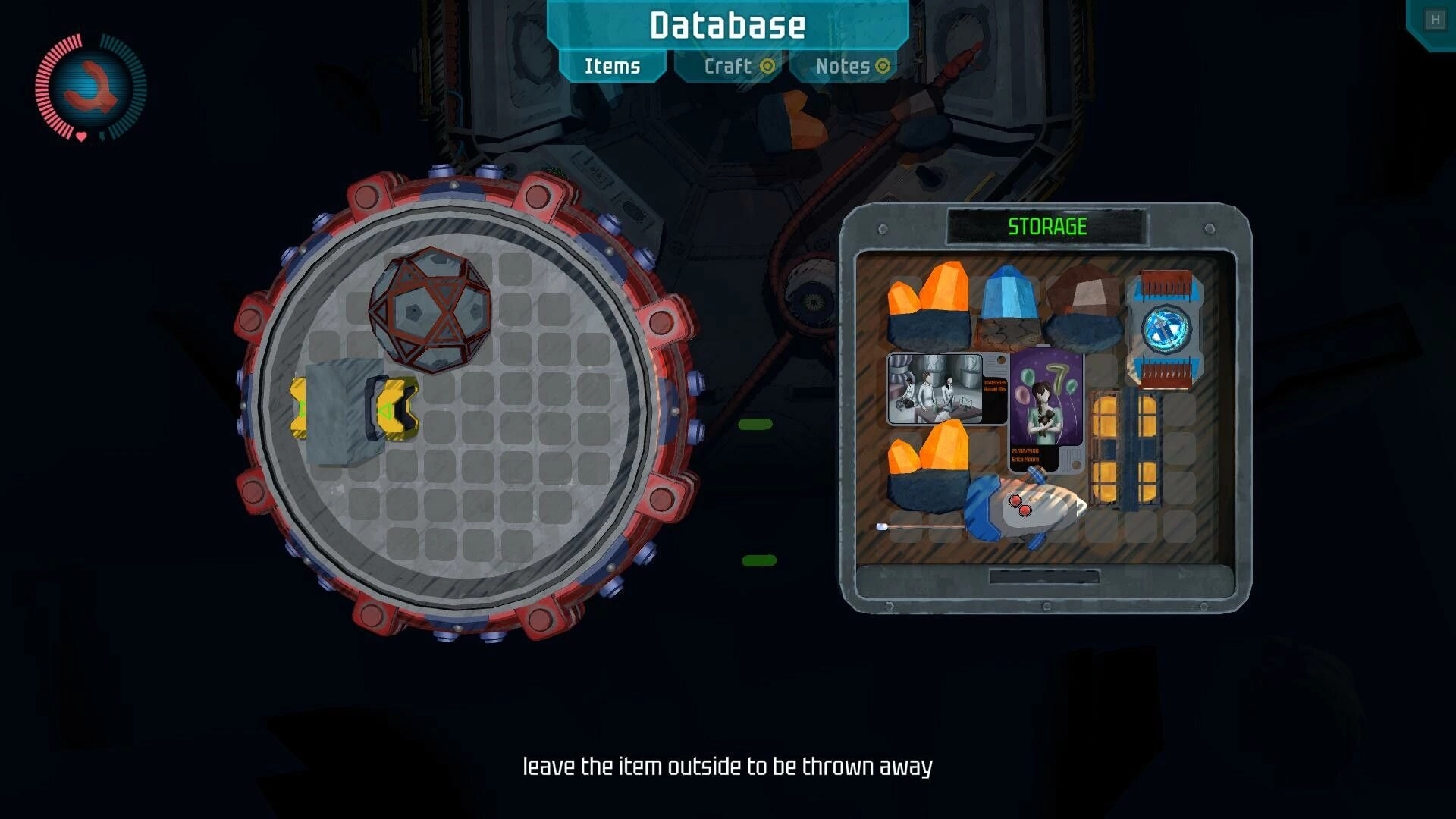 Greeded: Database inventory and storage UI with crystals and items over a dim space station backdrop.