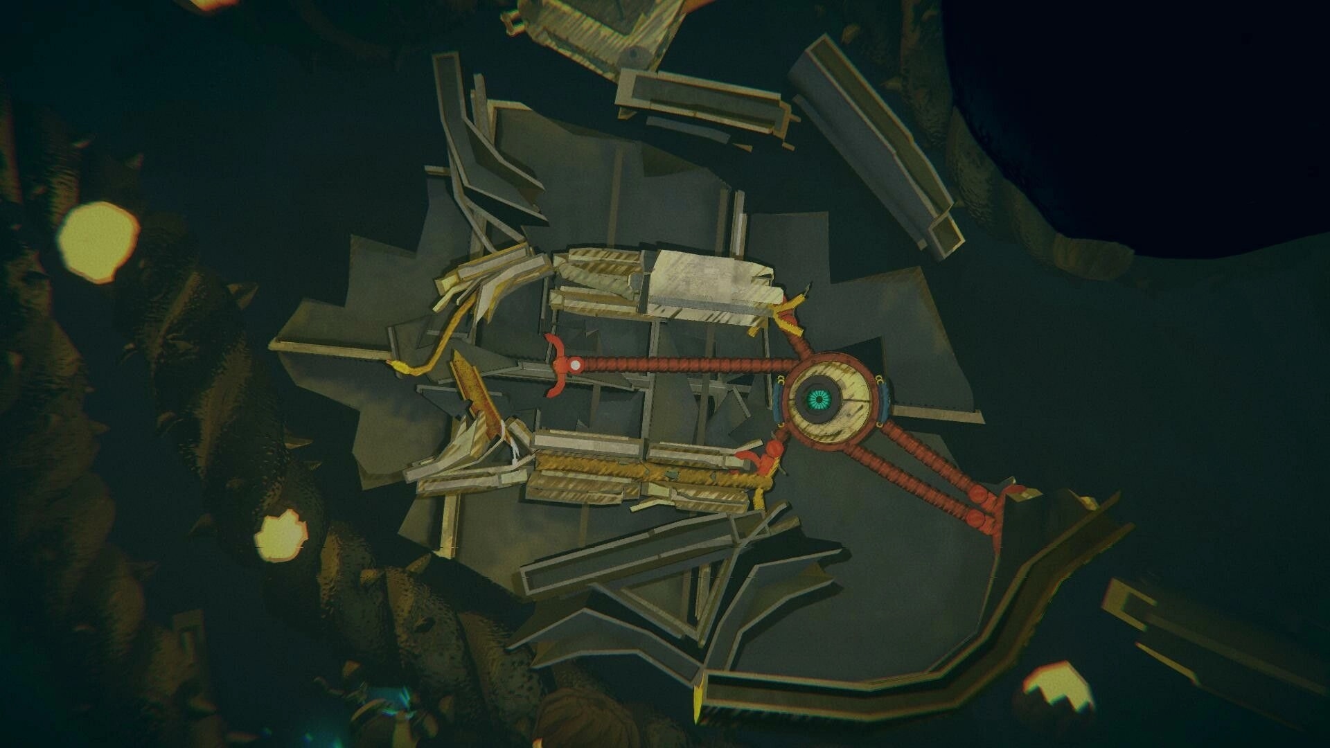 Greeded: Long-armed robot grabs a platform among floating station debris in a dark space void.