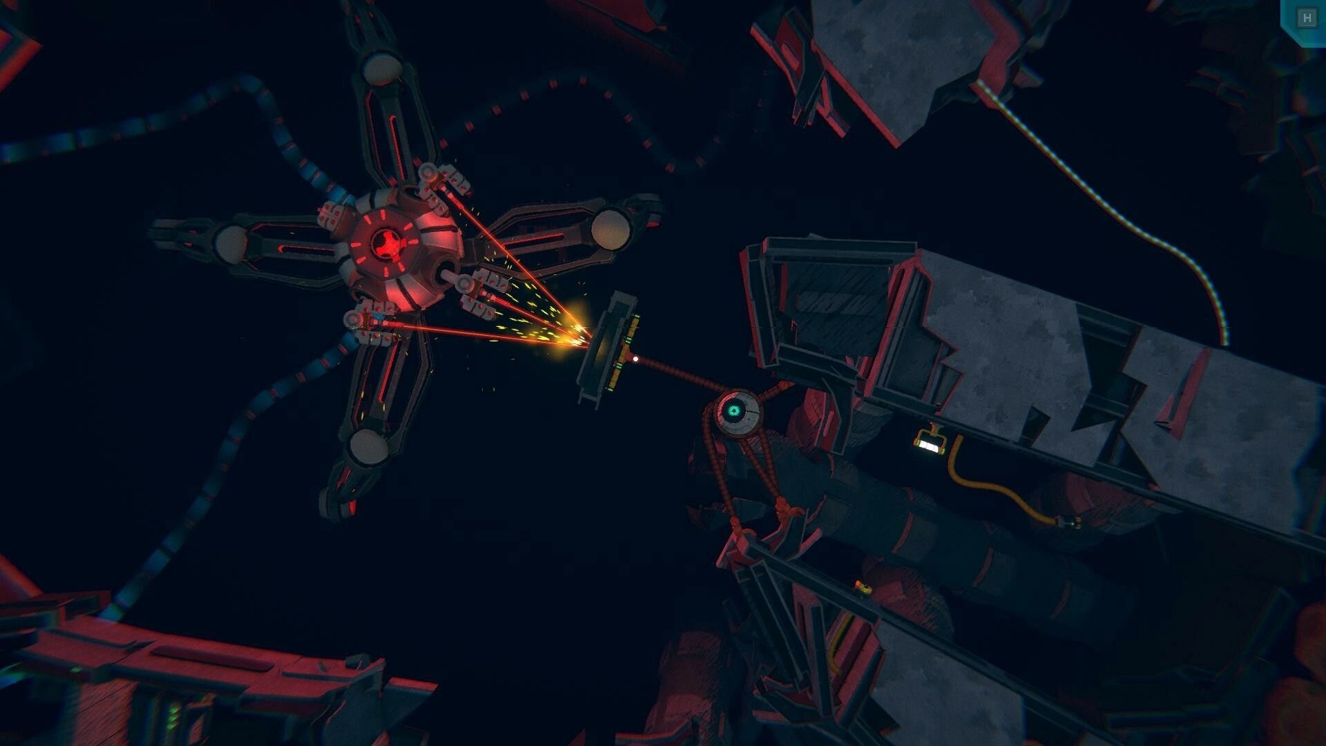 Greeded: Robot arm shoots red mining lasers at a metal panel in a dark space station wreckage.
