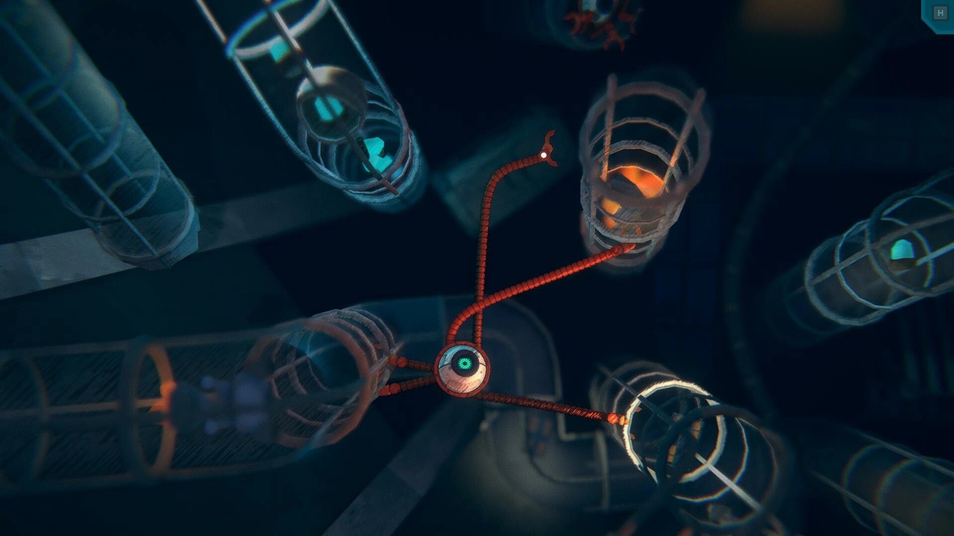 Greeded: Long-armed robot grapples between glowing capsules in dark space station shaft, H icon UI.