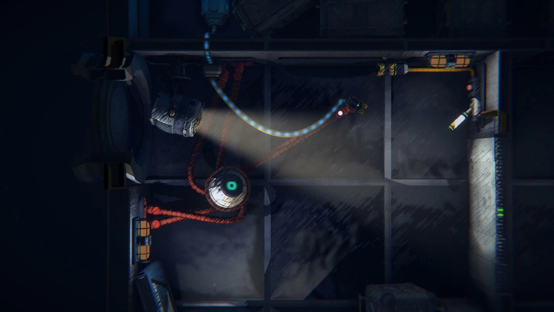 Greeded: Long-armed robot swings on a glowing cable through a dim metal space station corridor.