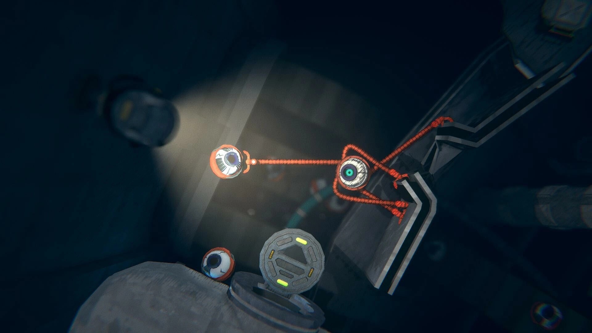 Greeded: Long-armed robot grips a wall ledge in dim space station shaft with floating debris.