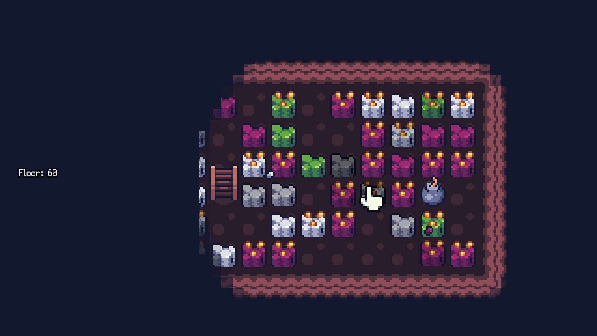 Greedy Greedy Gnomes: Hand cursor mining colored ore blocks on Floor 60 cavern grid with ladder exit.