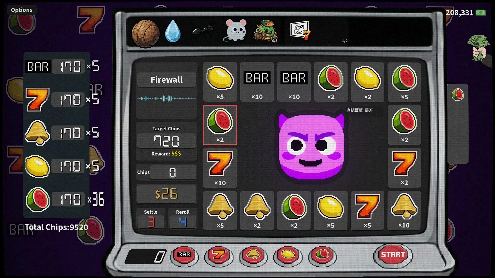 Greedy Slots: Slot machine UI with fruit and BAR tiles around a purple devil face on dark casino screen.